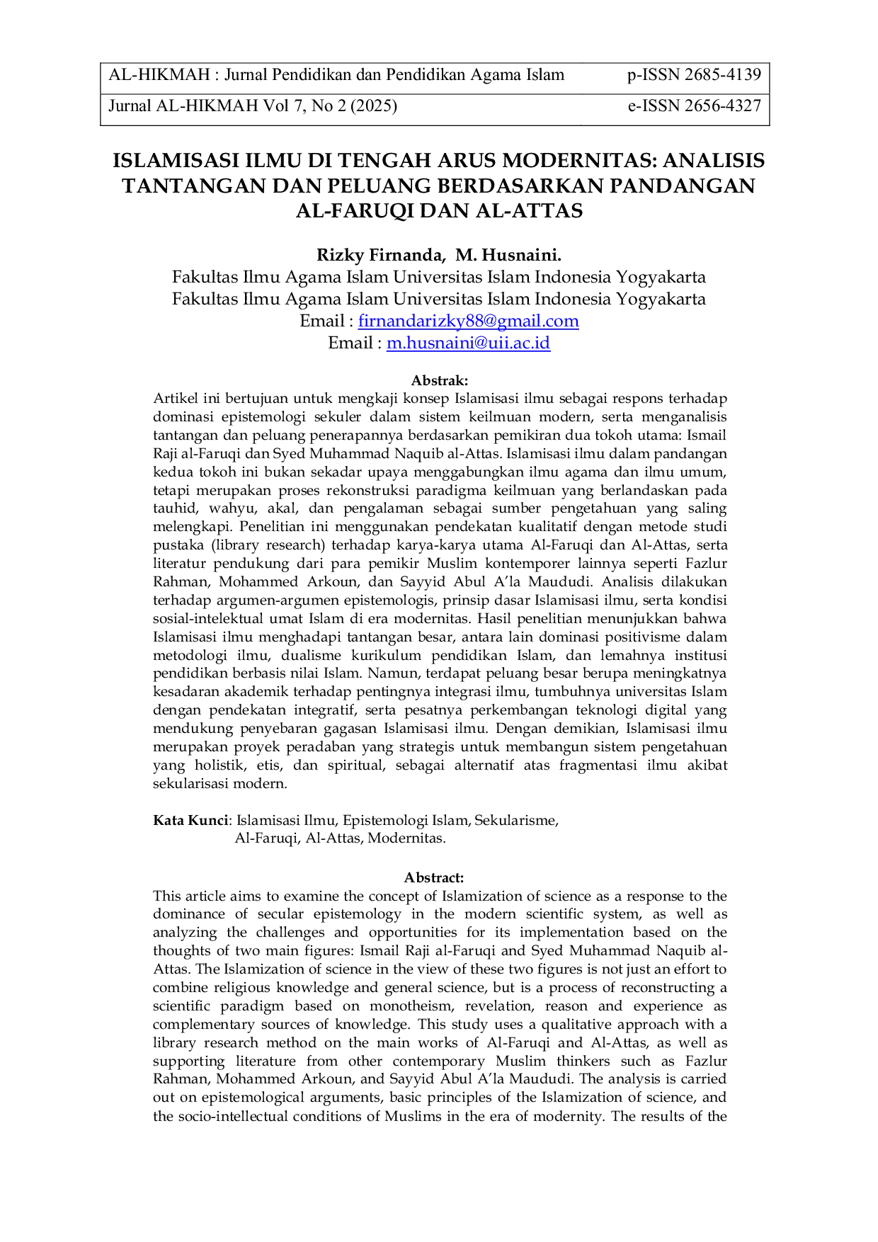 JURIS Islamisasi Ilmu Di Tengah Arus Modernitas Analisis Tantangan Dan Peluang Berdasarkan Pandangan Al Faruqi Dan Al Attas