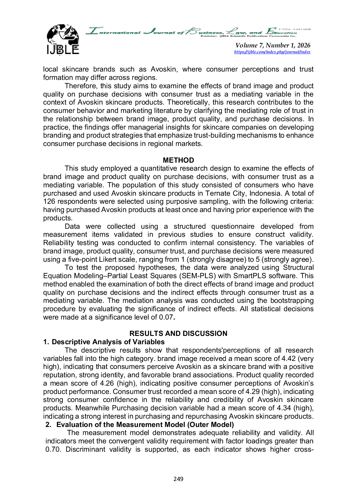 JURIS The Influence of Brand Image and Product Quality on Purchasing Decisions for Avoskin Skincare Products Mediated by Consumer Trust in Ternate City