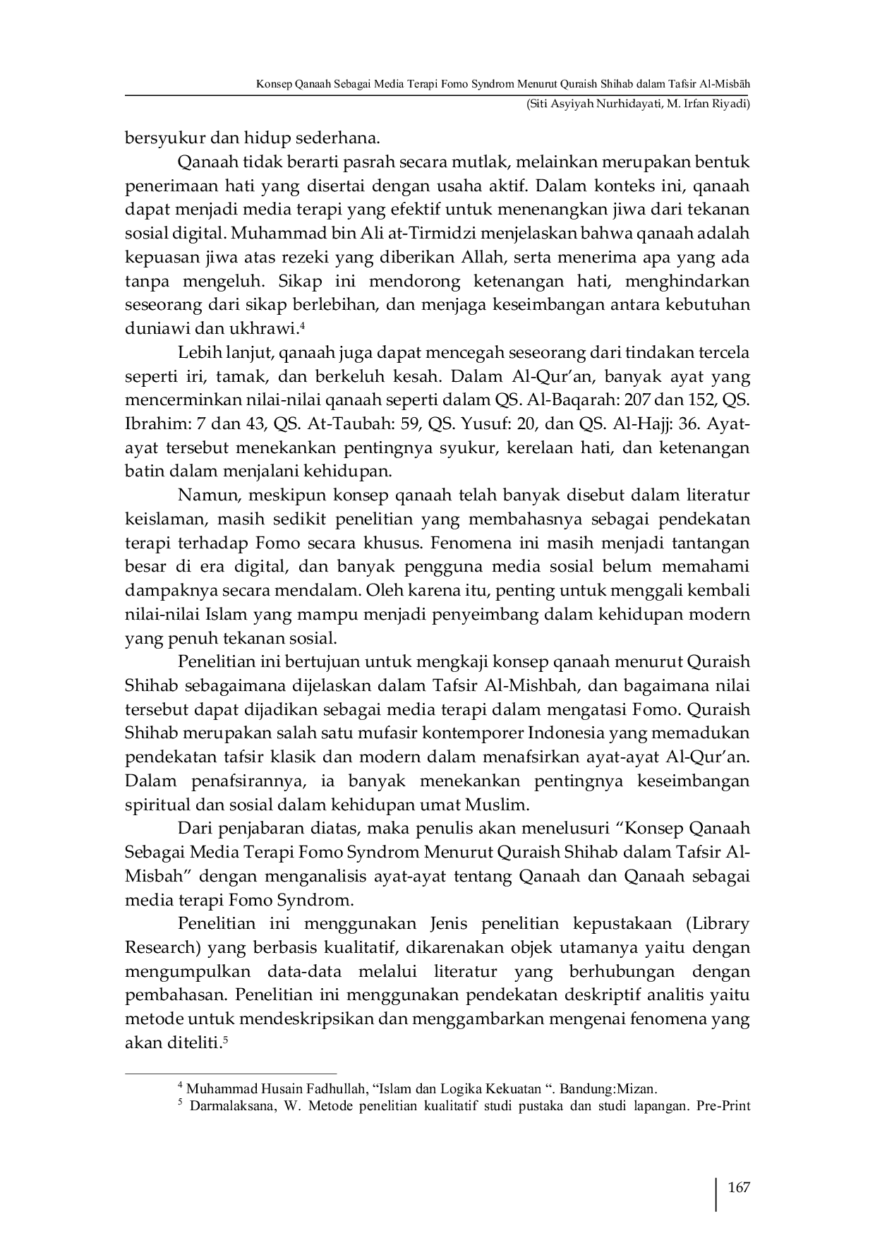 JURIS Konsep Qanaah Sebagai Media Terapi Fomo Syndrom Menurut Quraish Shihab Dalam Tafsir Al Mishbah