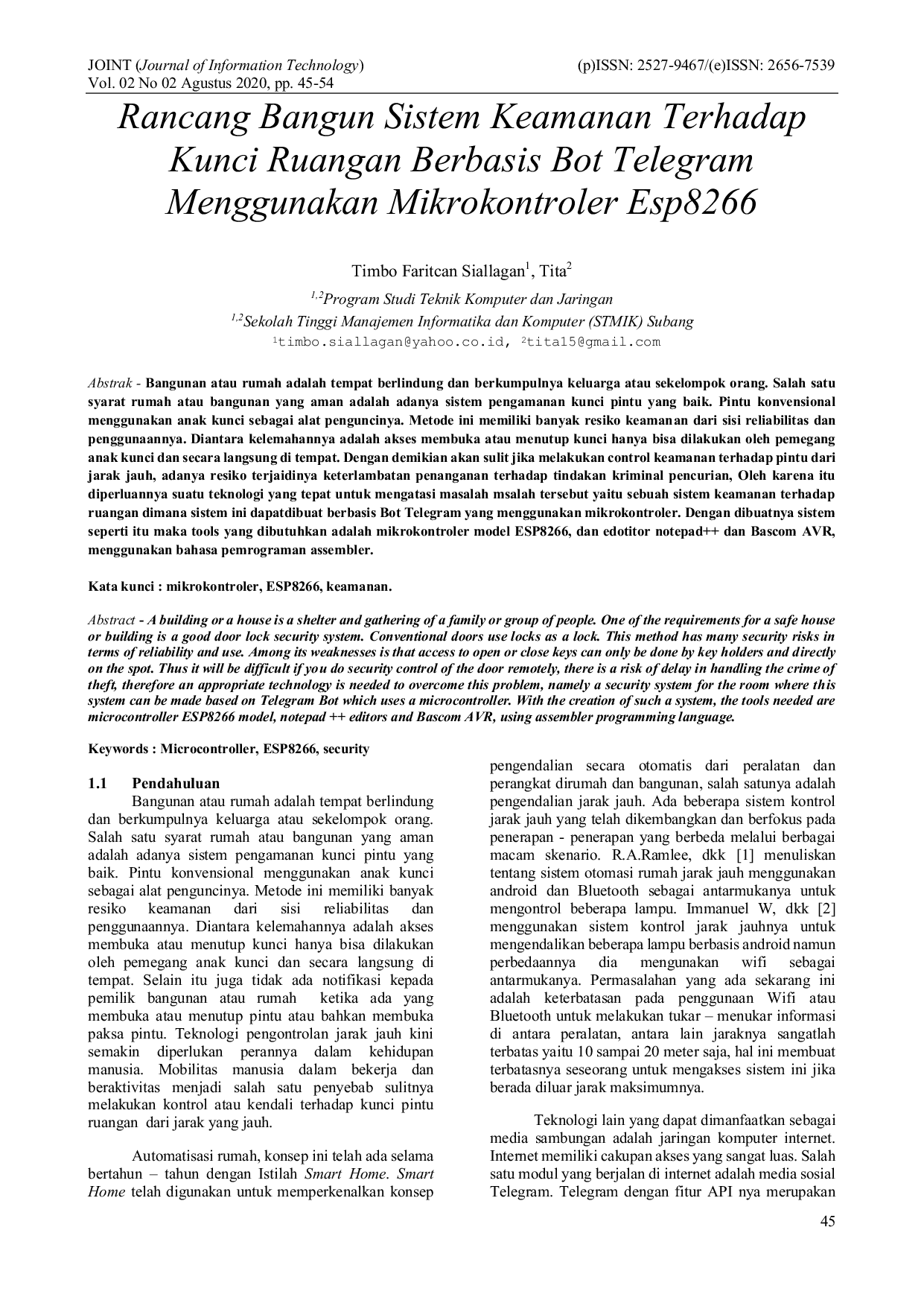 JURIS Di Rancang Bangun Sistem Keamanan Terhadap Kunci Ruangan Berbasis Bot Telegram Menggunakan Mikrokontroler Esp8266 Rancang Bangun Sistem Keamanan Terhadap Kunci Ruangan Berbasis Bot Telegram Menggun