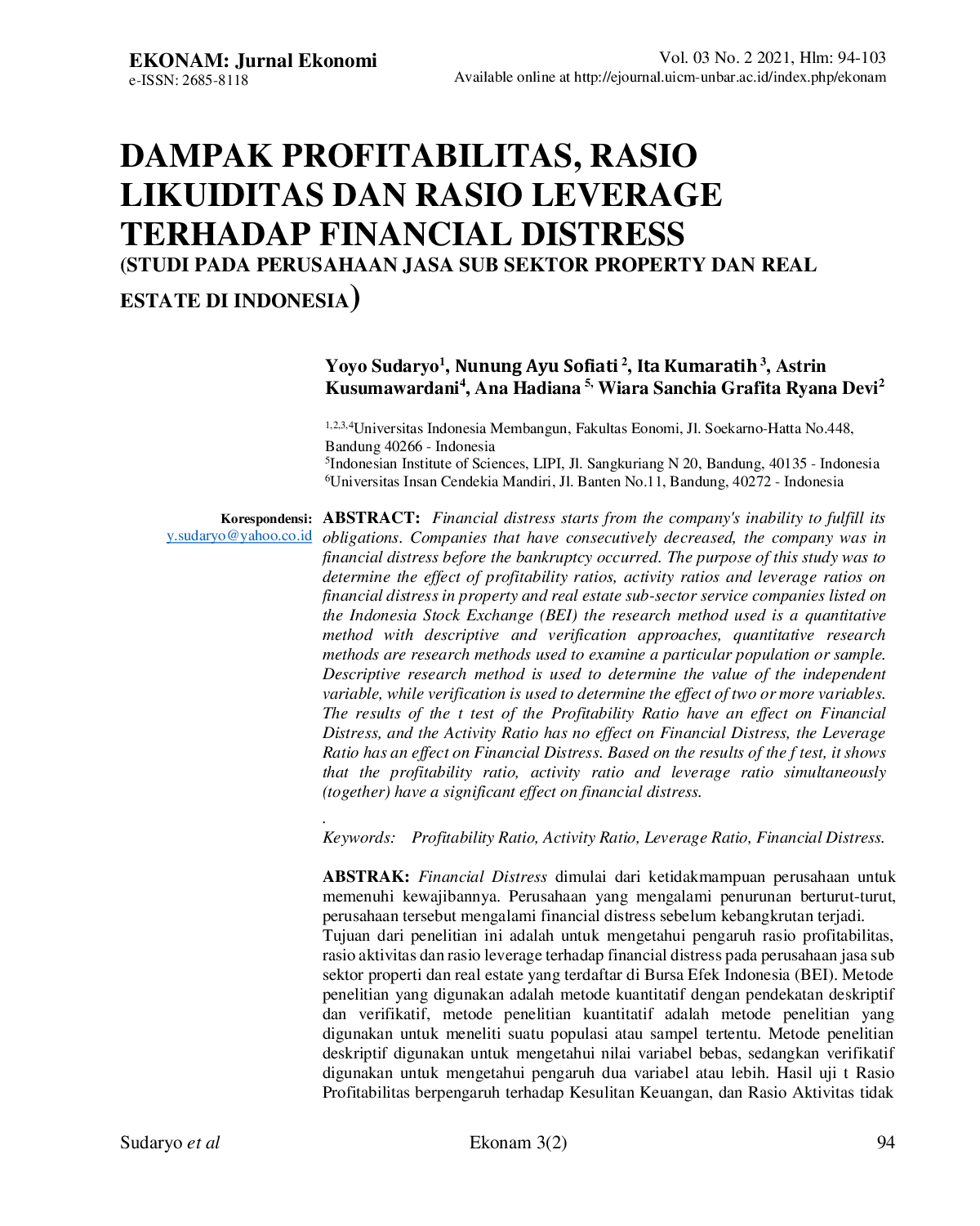 JURIS Dampak Profitabilitas Rasio Likuiditas Dan Rasio Leverage Terhadap Financial Distress Studi Pada Perusahaan Jasa Sub Sektor Property Dan Real Estate Di Indonesia