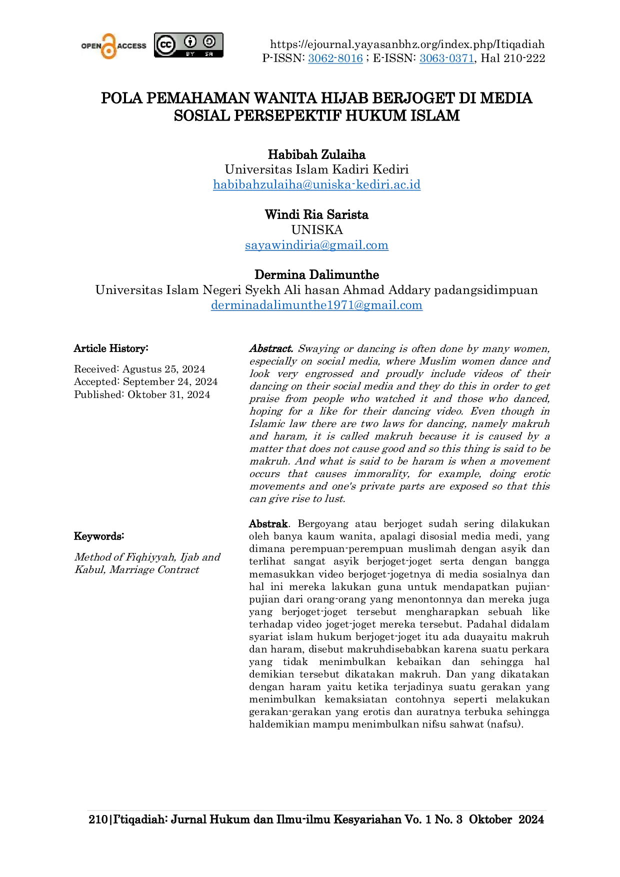 JURIS Pola Pemahaman Wanita Hijab Berjoget Di Media Sosial Perspektif Hukum Islam