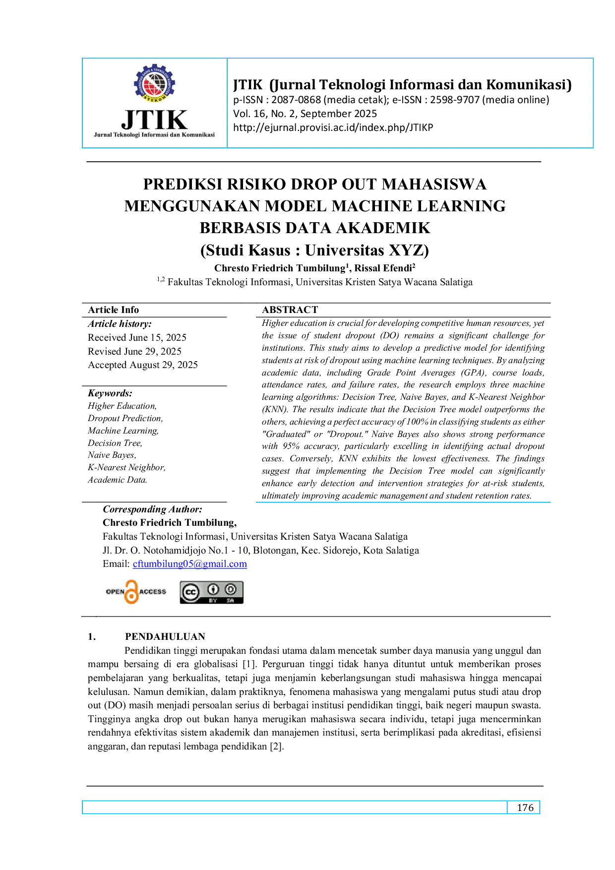 JURIS PREDIKSI RISIKO DROP OUT MAHASISWA MENGGUNAKAN MODEL MACHINE LEARNING BERBASIS DATA AKADEMIK Studi Kasus Universitas XYZ