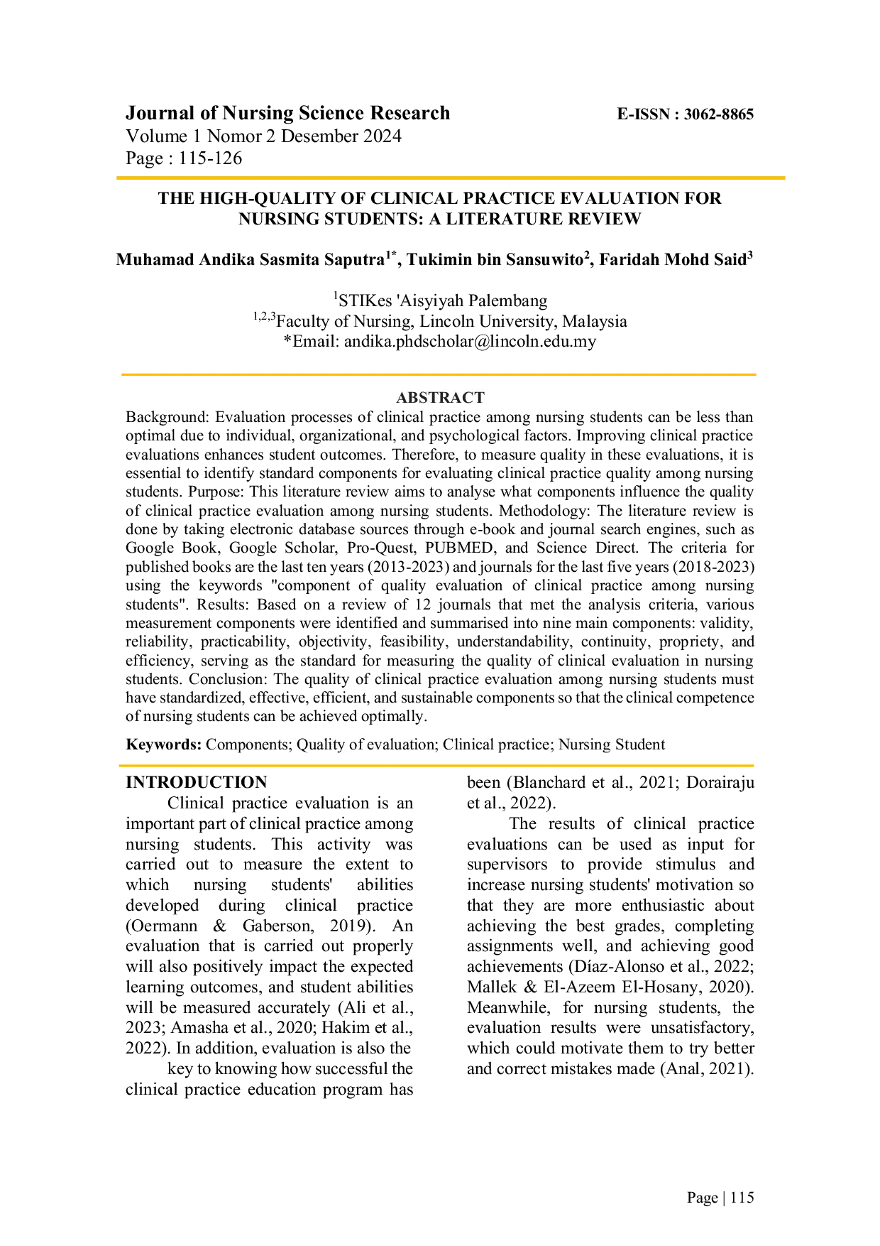 JURIS THE HIGH QUALITY OF CLINICAL PRACTICE EVALUATION FOR NURSING STUDENTS A LITERATURE REVIEW