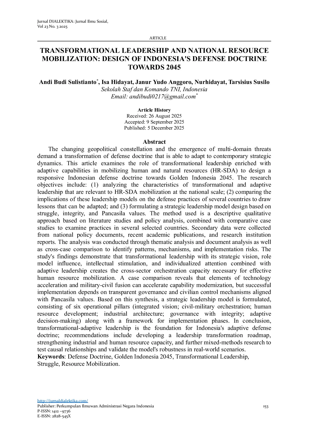 JURIS Transformational Leadership and National Resource Mobilization Design of Indonesia s Defense Doctrine Towards 2045
