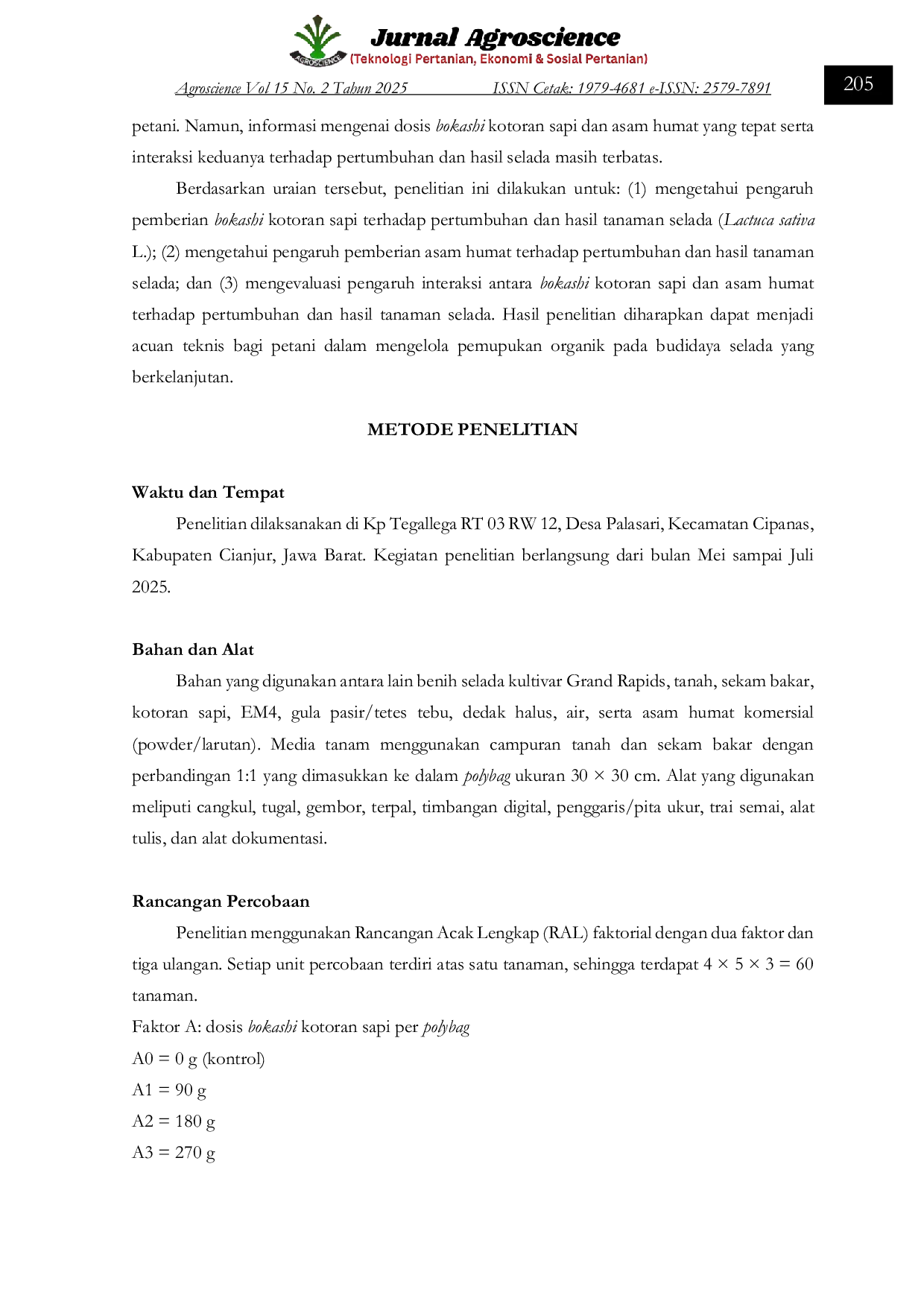 JURIS Pengaruh Bokashi Kotoran Sapi Dan Asam Humat Terhadap Pertumbuhan Dan Hasil Tanaman Selada Lactuca Sativa L