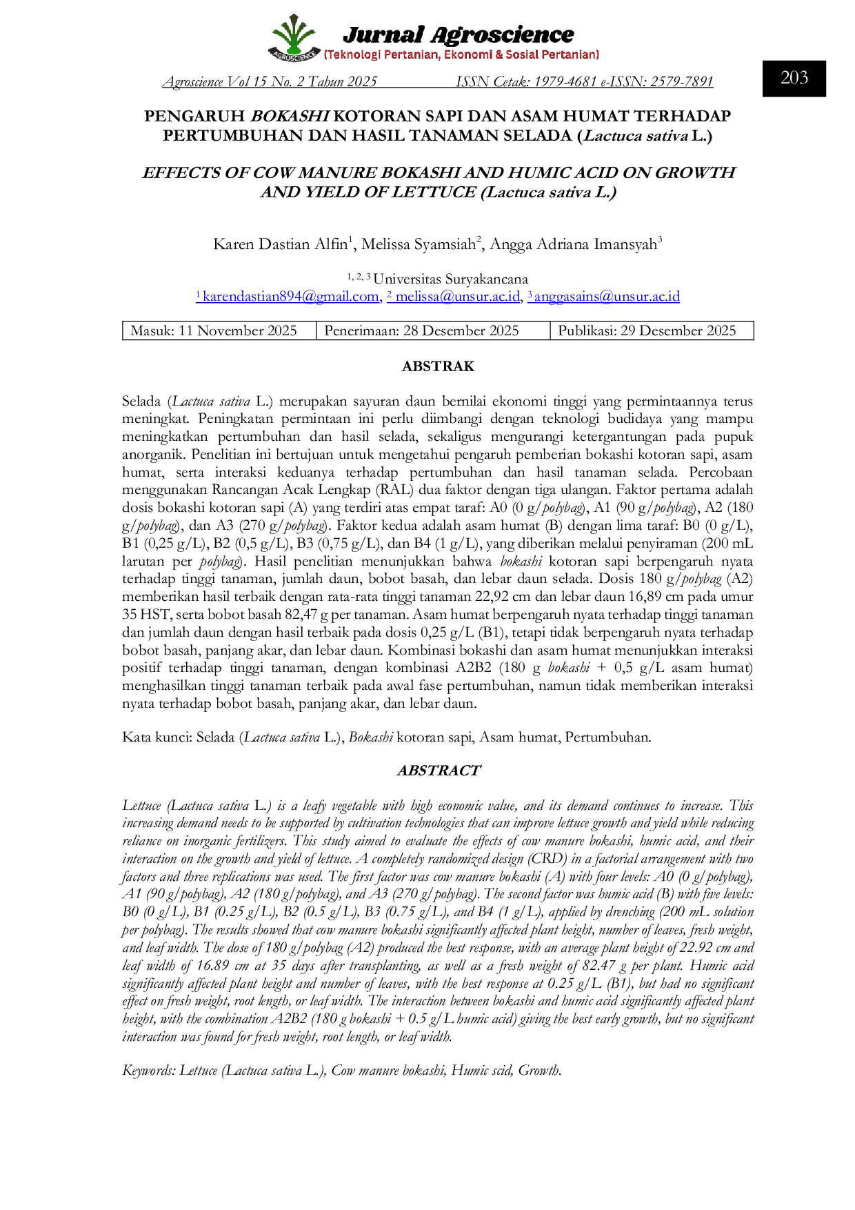 JURIS Pengaruh Bokashi Kotoran Sapi Dan Asam Humat Terhadap Pertumbuhan Dan Hasil Tanaman Selada Lactuca Sativa L