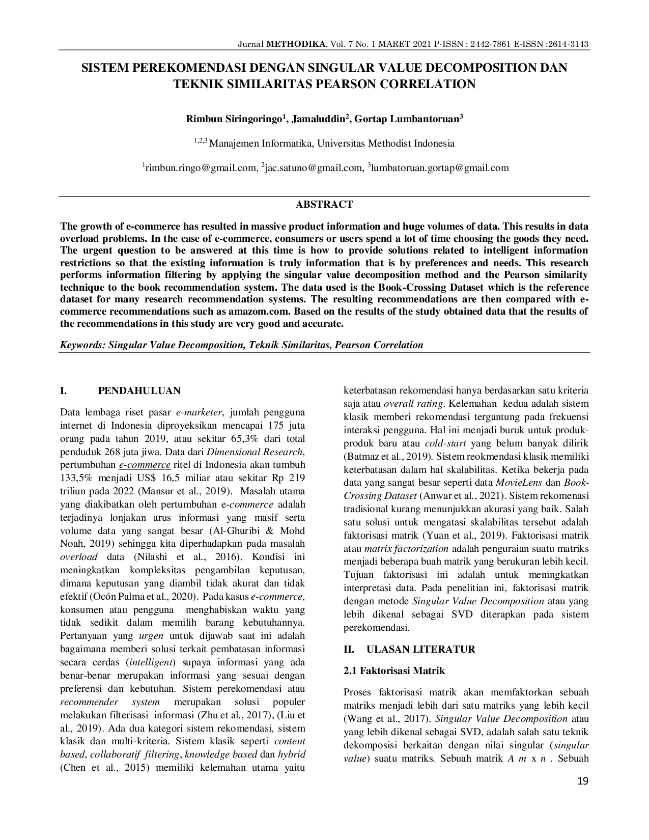 JURIS Sistem Perekomendasi Dengan Singular Value Decomposition Dan Teknik Similaritas Pearson Correlation