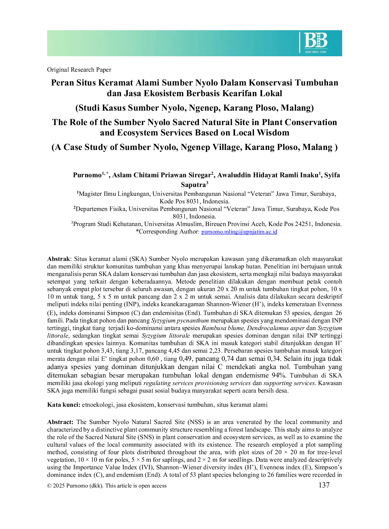 JURIS The Role of the Sumber Nyolo Sacred Natural Site in Plant Conservation and Ecosystem Services Based on Local Wisdom A Case Study of Sumber Nyolo Ngenep Village Karang Ploso Malang