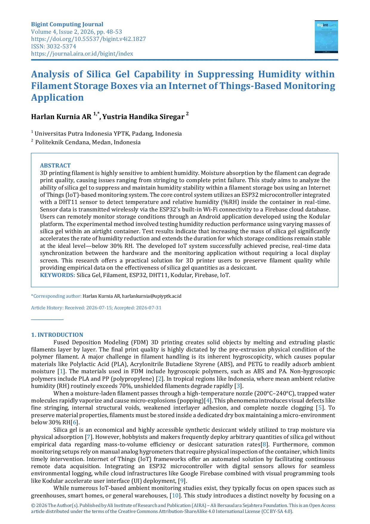 JURIS Analysis of Silica Gel Capability in Suppressing Humidity within Filament Storage Boxes via an Internet of Things Based Monitoring Application