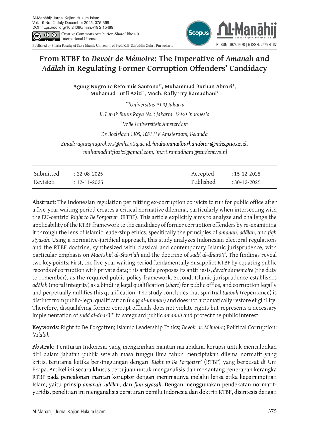 JURIS From RTBF to Devoir de M moire The Imperative of Amanah and AdAlah in Regulating Former Corruption Offenders Candidacy