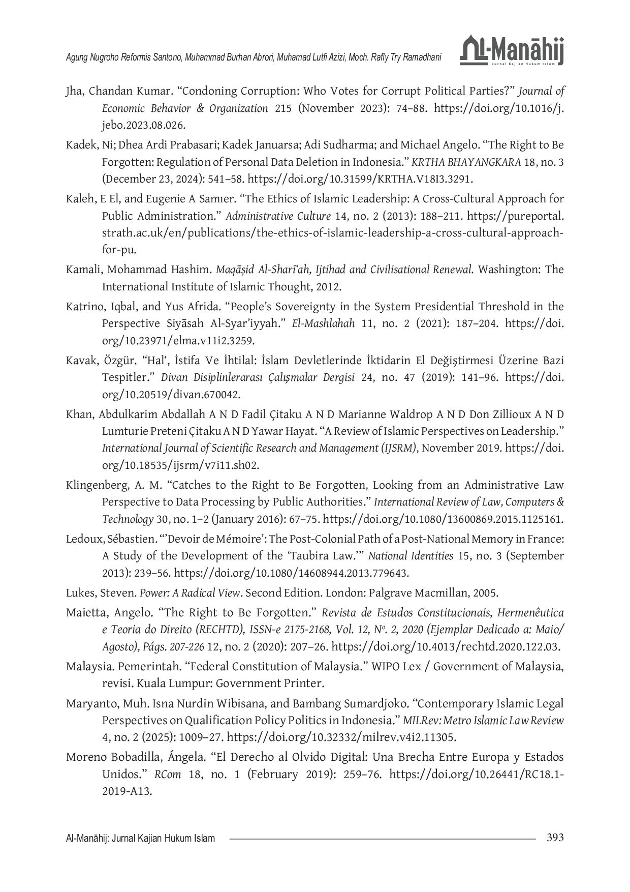 JURIS From RTBF to Devoir de M moire The Imperative of Amanah and AdAlah in Regulating Former Corruption Offenders Candidacy