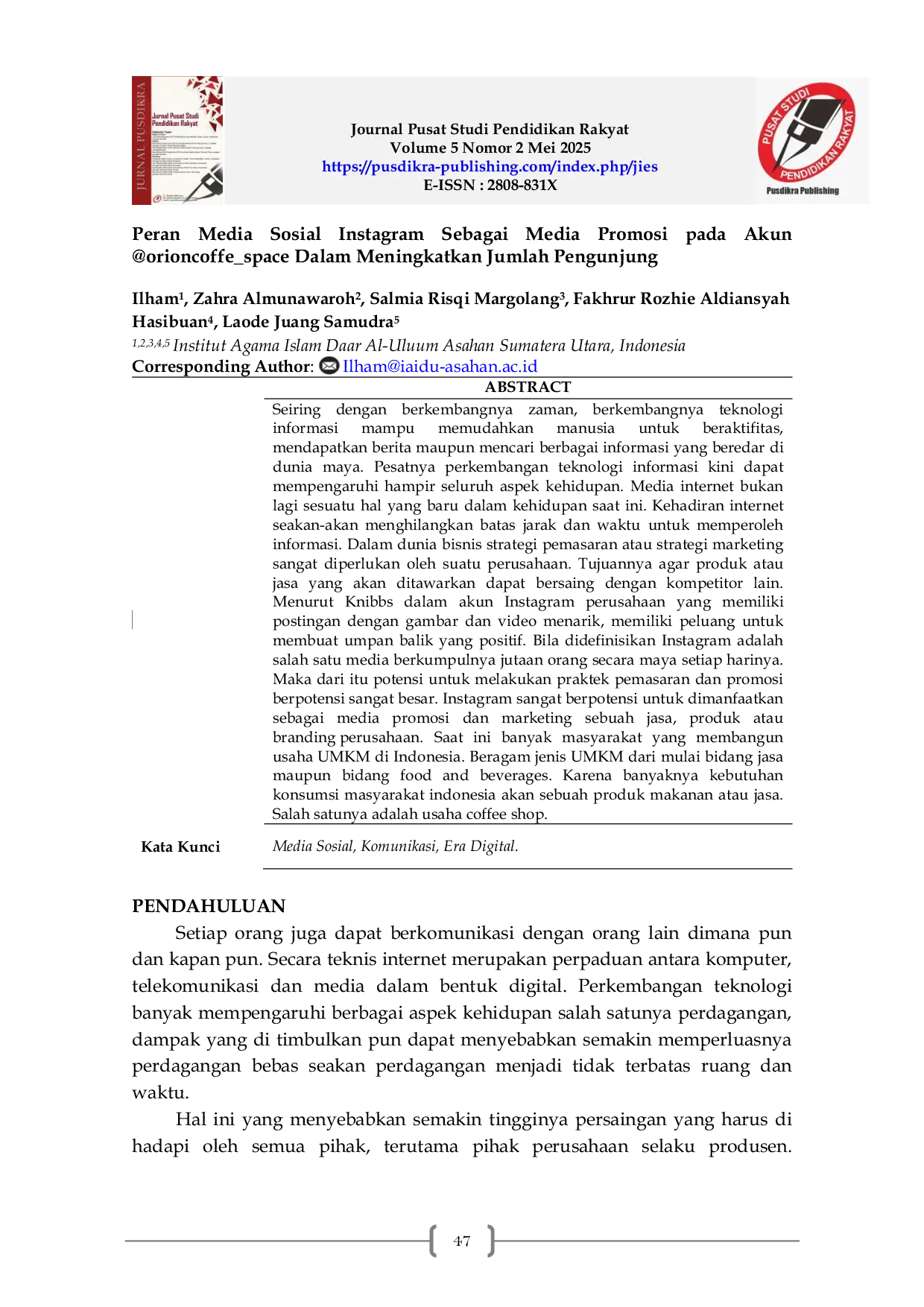 JURIS Peran Media Sosial Instagram Sebagai Media Promosi pada Akun orioncoffe space Dalam Meningkatkan Jumlah Pengunjung