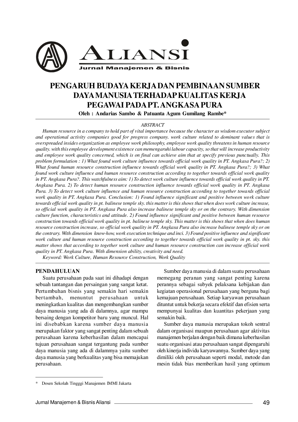 JURIS Pengaruh Budaya Kerja dan Pembinaan Sumber Daya Manusia Terhadap Kualitas Kerja Pegawai pada PT Angkasa Pura