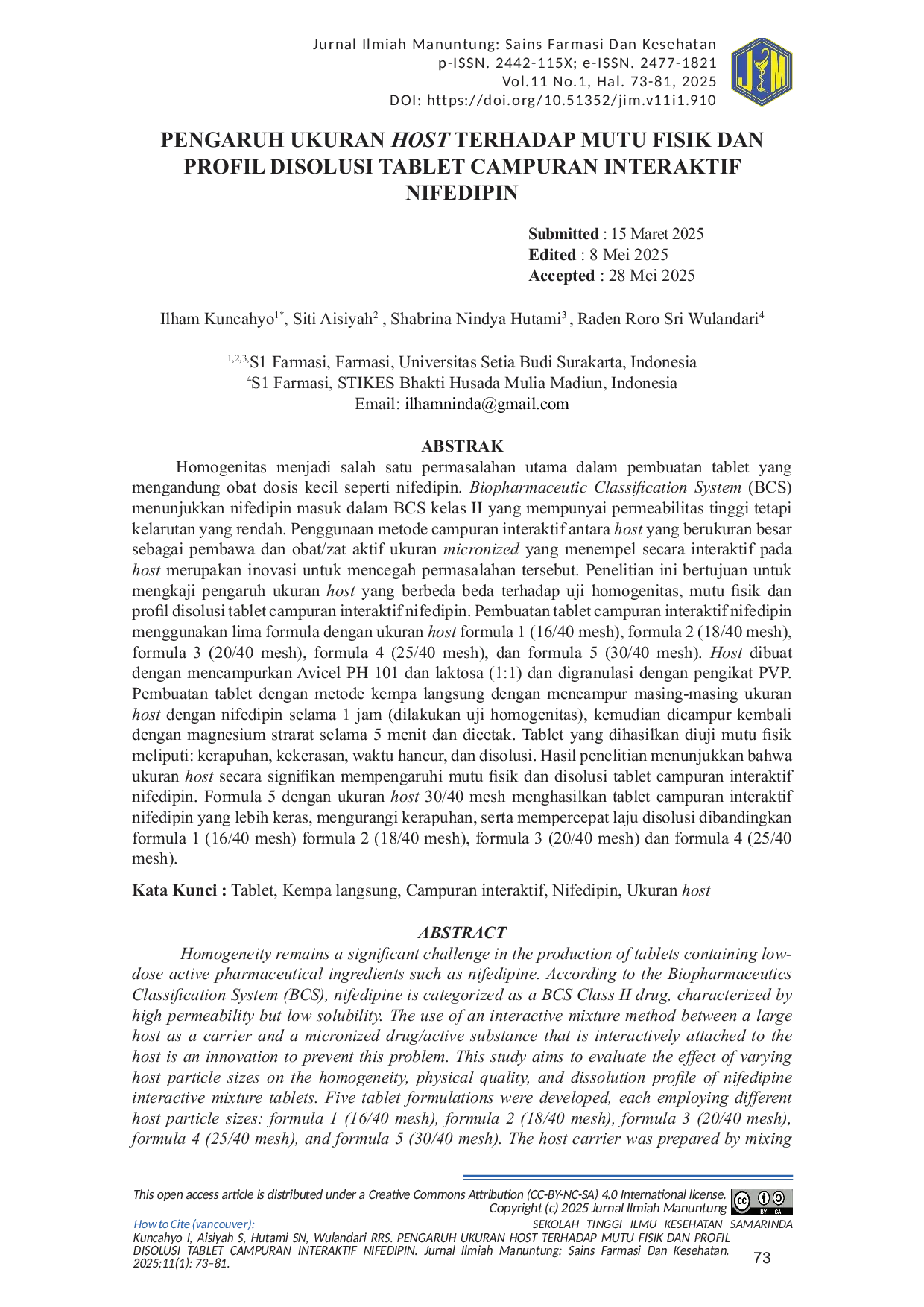 JURIS PENGARUH UKURAN HOST TERHADAP MUTU FISIK DAN PROFIL DISOLUSI TABLET CAMPURAN INTERAKTIF NIFEDIPIN