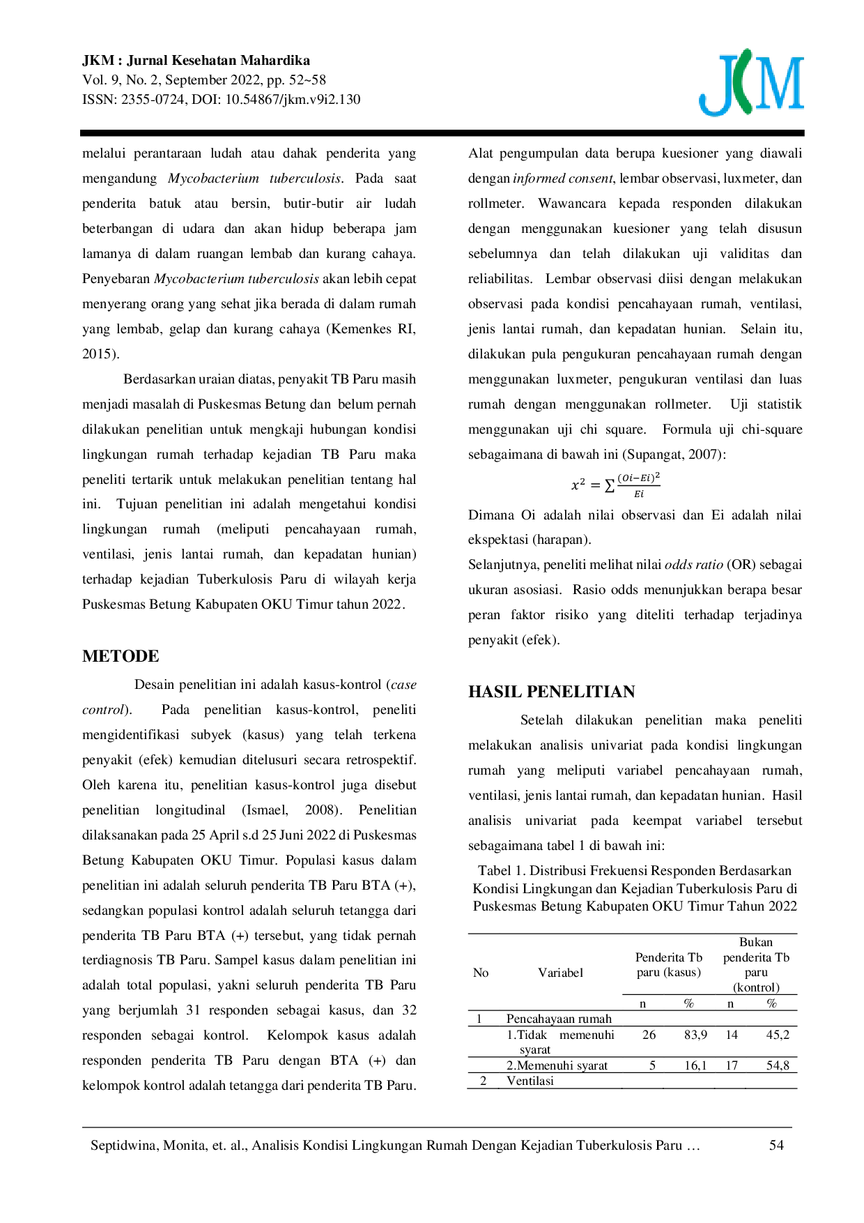 JURIS Analisis Kondisi Lingkungan Rumah Dengan Kejadian Tuberkulosis Paru di Wilayah Kerja Puskesmas Betung Kabupaten OKU Timur Tahun 2022