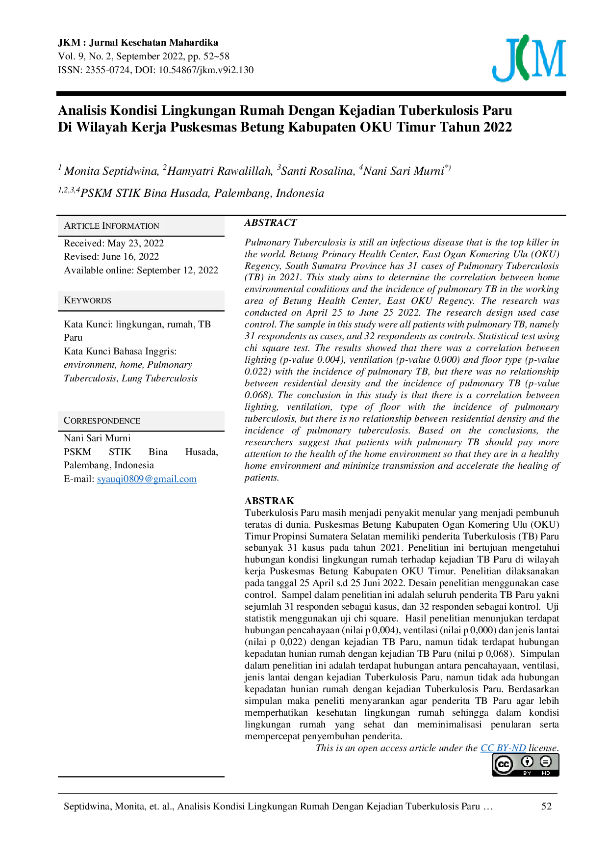 JURIS Analisis Kondisi Lingkungan Rumah Dengan Kejadian Tuberkulosis Paru di Wilayah Kerja Puskesmas Betung Kabupaten OKU Timur Tahun 2022