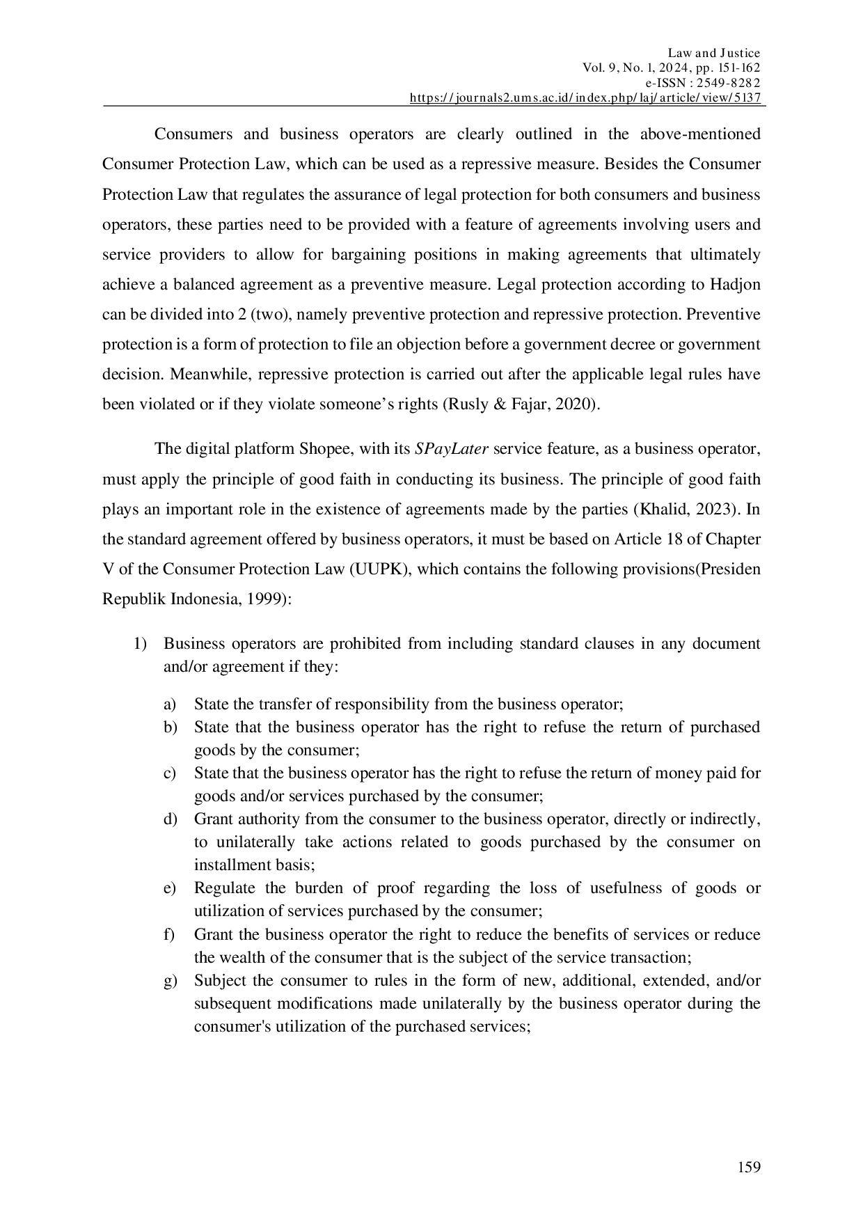 JURIS The Standard Digital Agreement For Shopee Pay Later Users In Terms Of Consumer Protection Laws Perspective