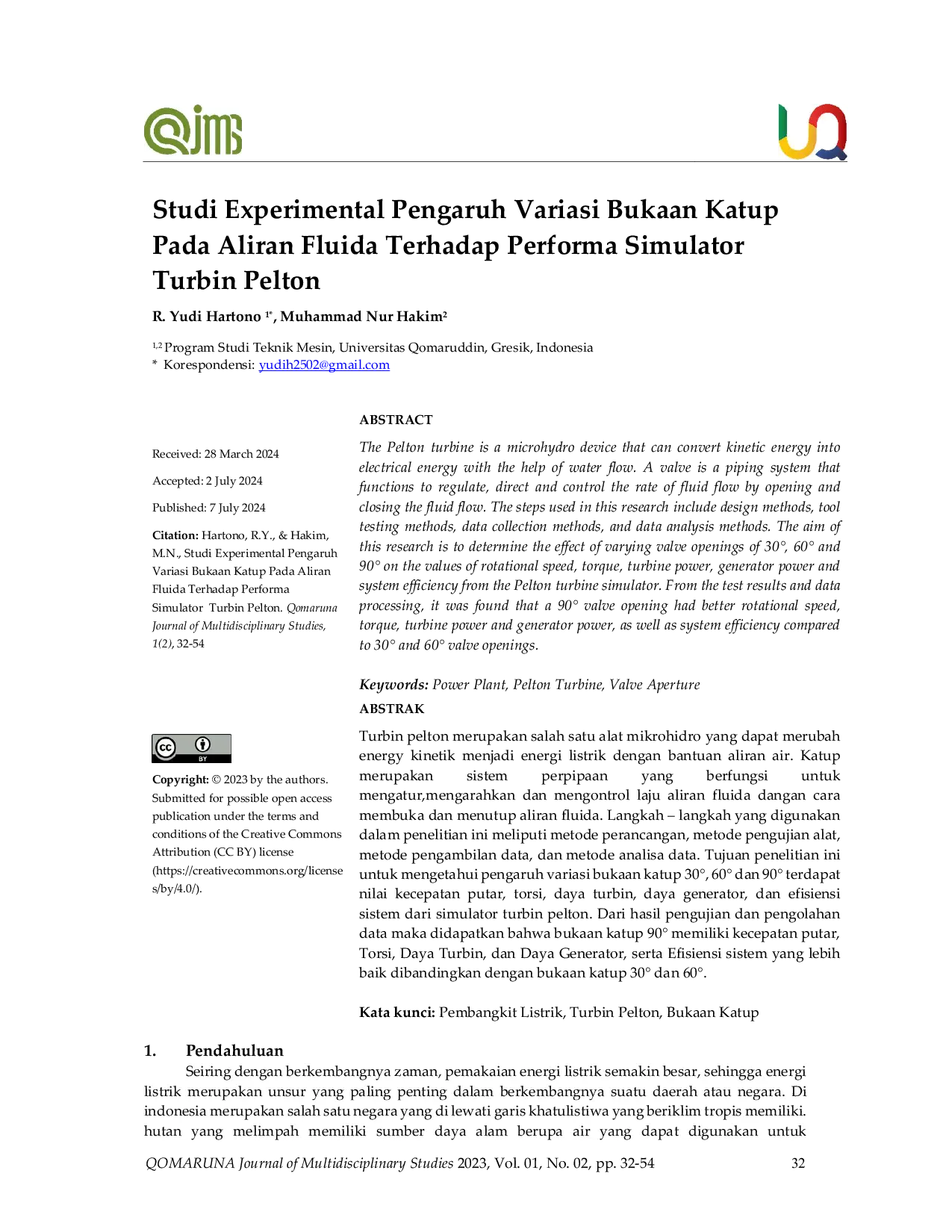 JURIS Experimental Study on the Effect of Valve Opening Variations in Fluid Flow on the Performance of a Pelton Turbine Simulator
