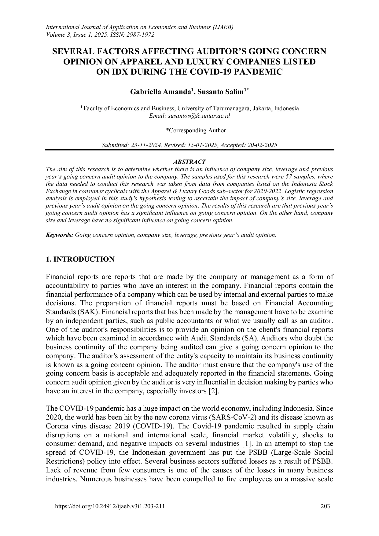 JURIS Several Factors Affecting Auditor s Going Concern Opinion on Apparel and Luxury Companies Listed on IDX During the COVID 19 Pandemic