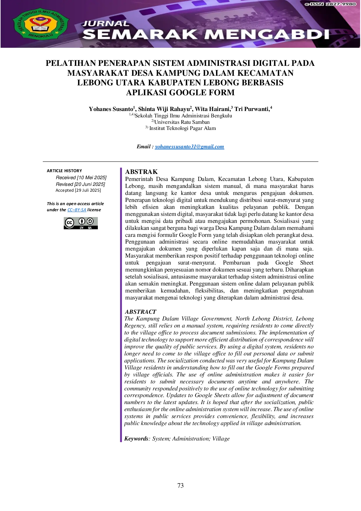 JURIS Pelatihan Penerapan Sistem Administrasi Digital Pada Masyarakat Desa Kampung Dalam Kecamatan Lebong Utara Kabupaten Lebong Berbasis Aplikasi Google Form
