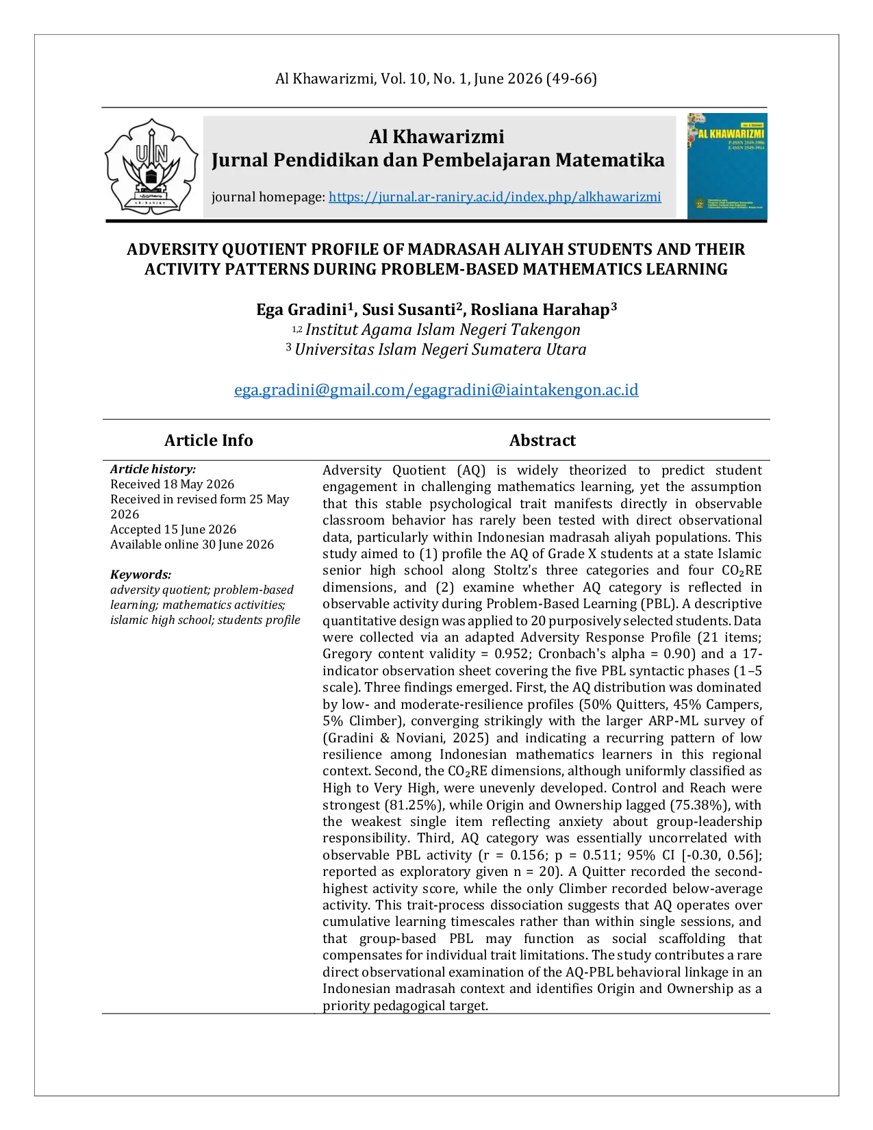 JURIS Adversity Quotient Profile of Madrasah Aliyah Students and Their Activity Patterns During Problem Based Mathematics Learning