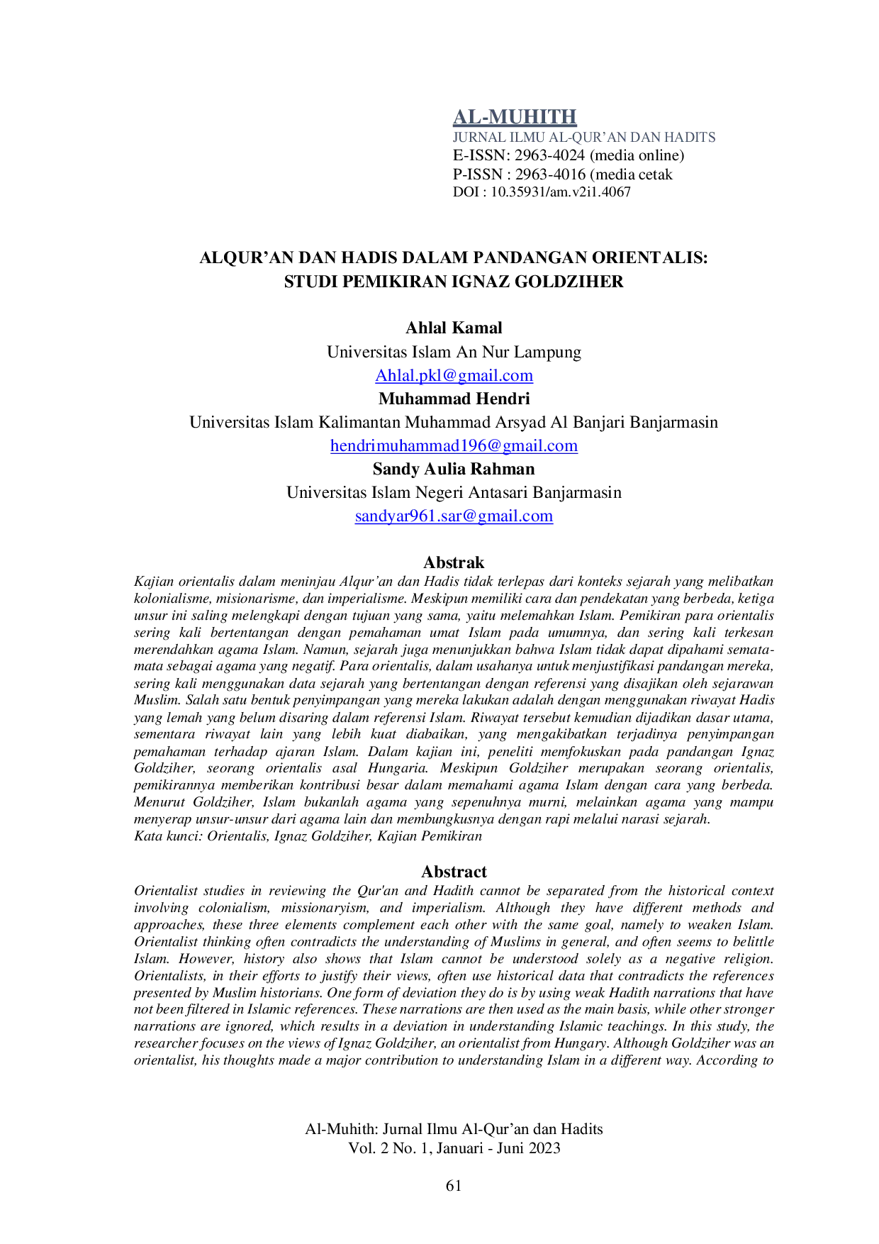 JURIS Alqur an dan Hadis dalam Pandangan Orientalis Studi Pemikiran Ignaz Goldziher
