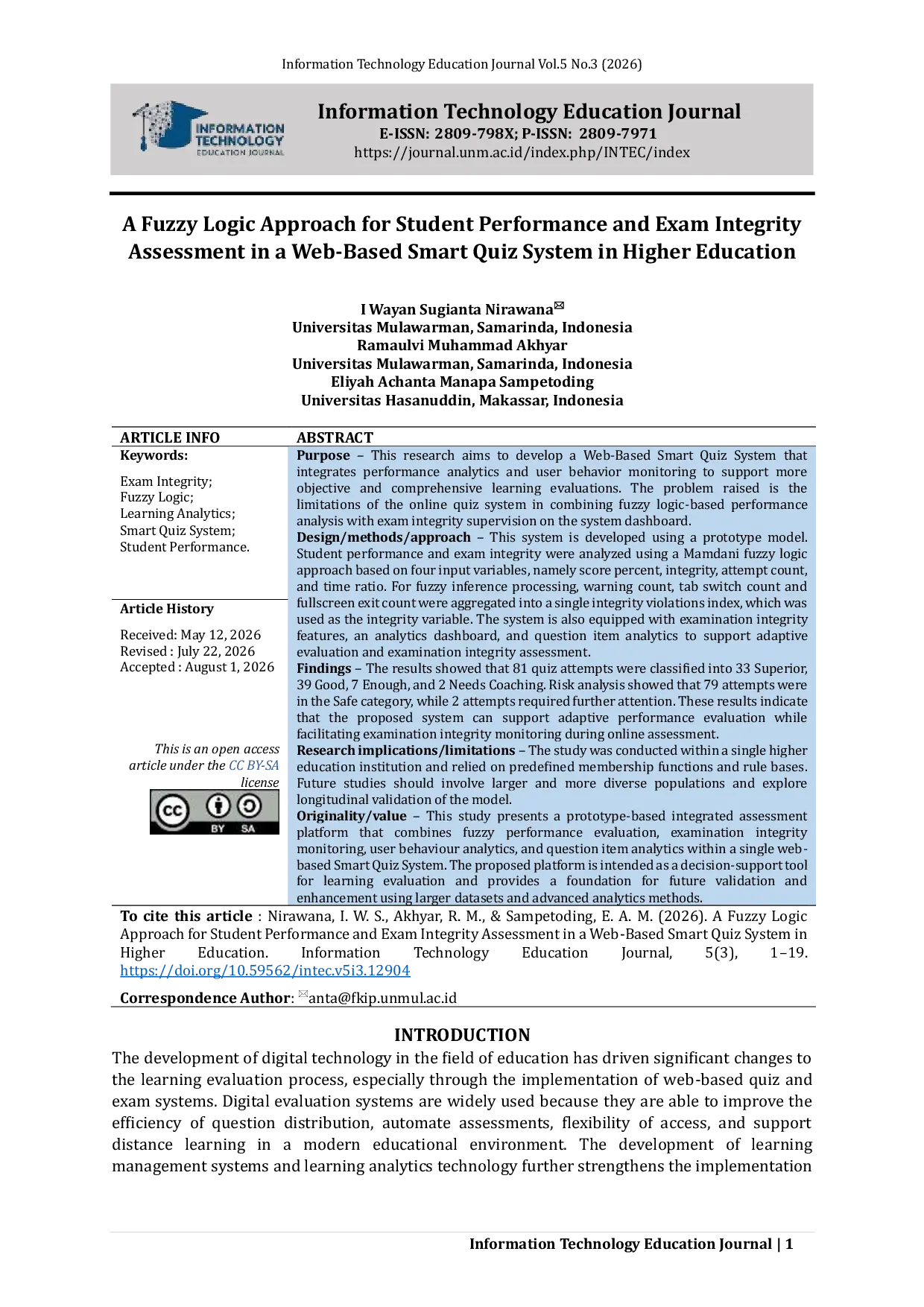 JURIS A Fuzzy Logic Approach for Student Performance and Exam Integrity Assessment in a Web Based Smart Quiz System in Higher Education