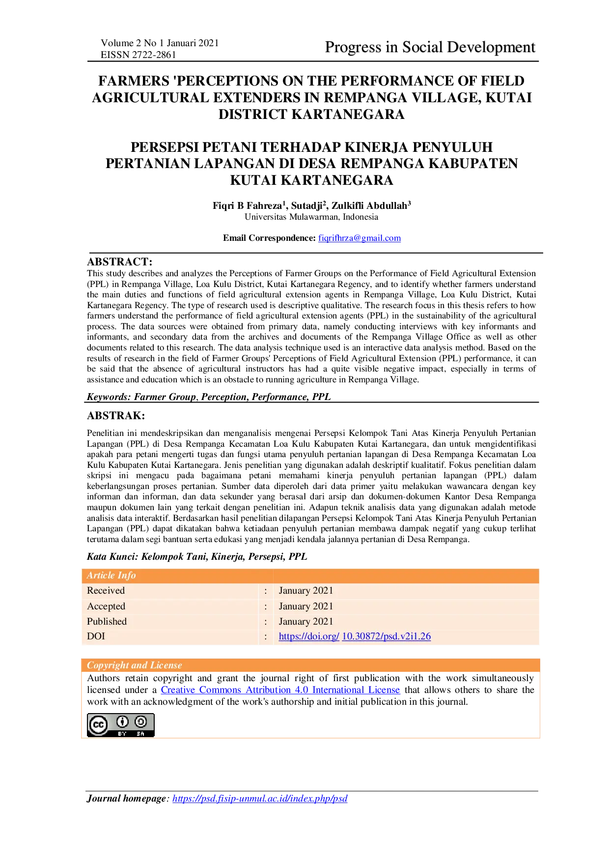 JURIS Farmers Perceptions On the Performance of Field Agricultural Extenders in Rempanga Village Kutai District Kartanegara