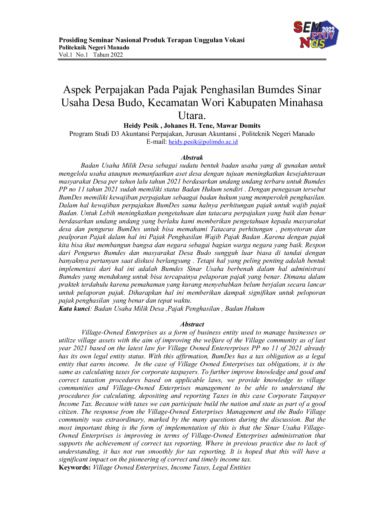 JURIS Aspek Perpajakan Pada Pajak Penghasilan Bumdes Sinar Usaha Desa Budo Kecamatan Wori Kabupaten Minahasa Utara