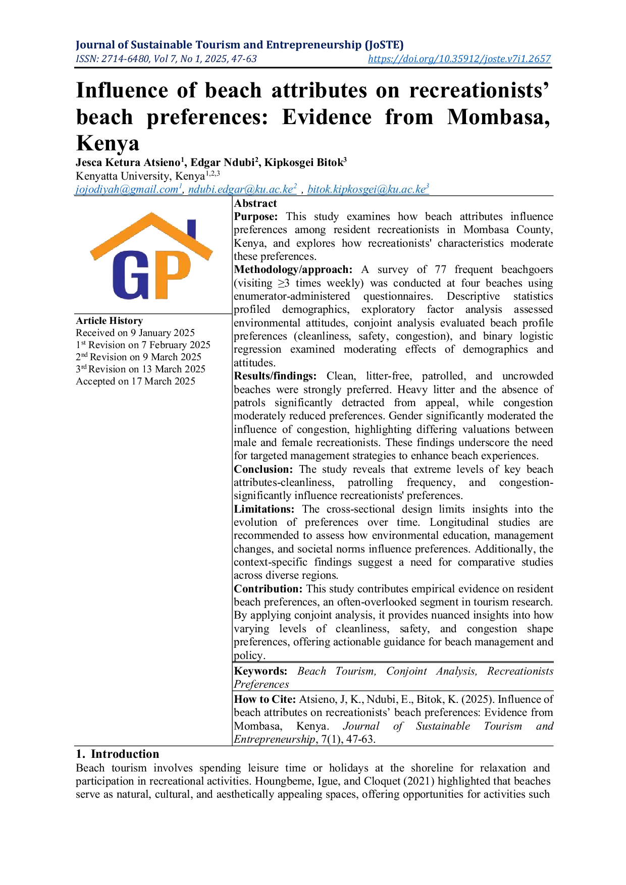 JURIS Influence of beach attributes on recreationists beach preferences Evidence from Mombasa Kenya