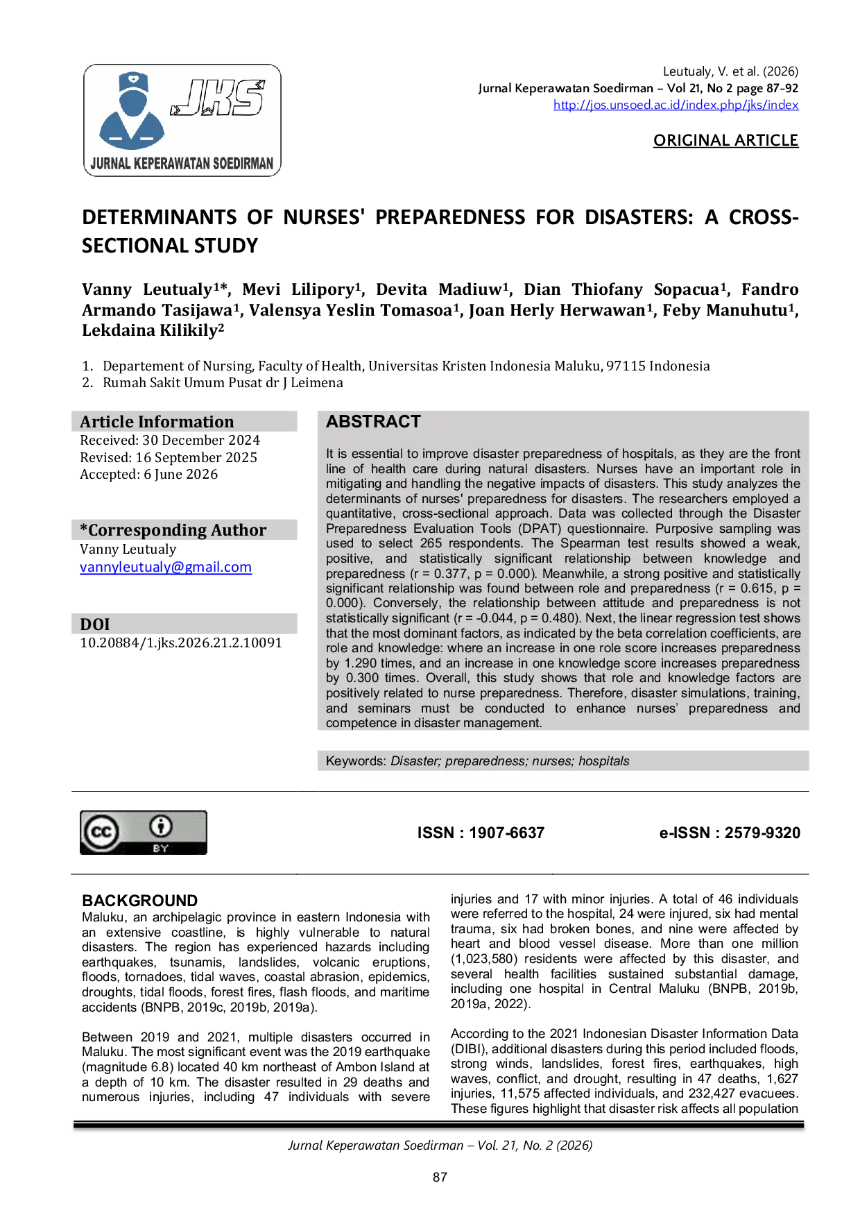 JURIS Determinants Of Nurses Preparedness For Disasters A Cross Sectional Study