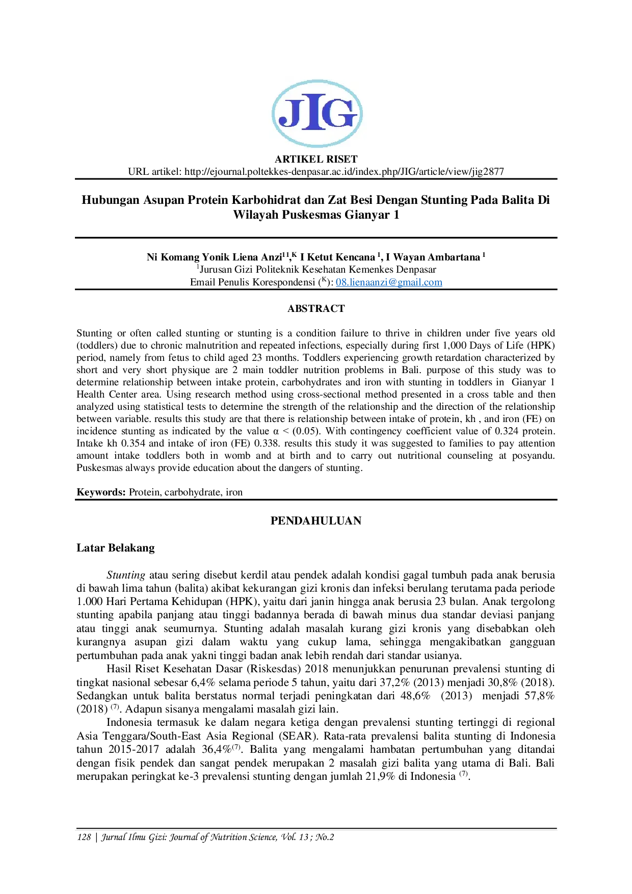 JURIS Hubungan Asupan Protein Karbohidrat dan Zat Besi Dengan Stunting Pada Balita di Wilayah Puskesmas Gianyar 1