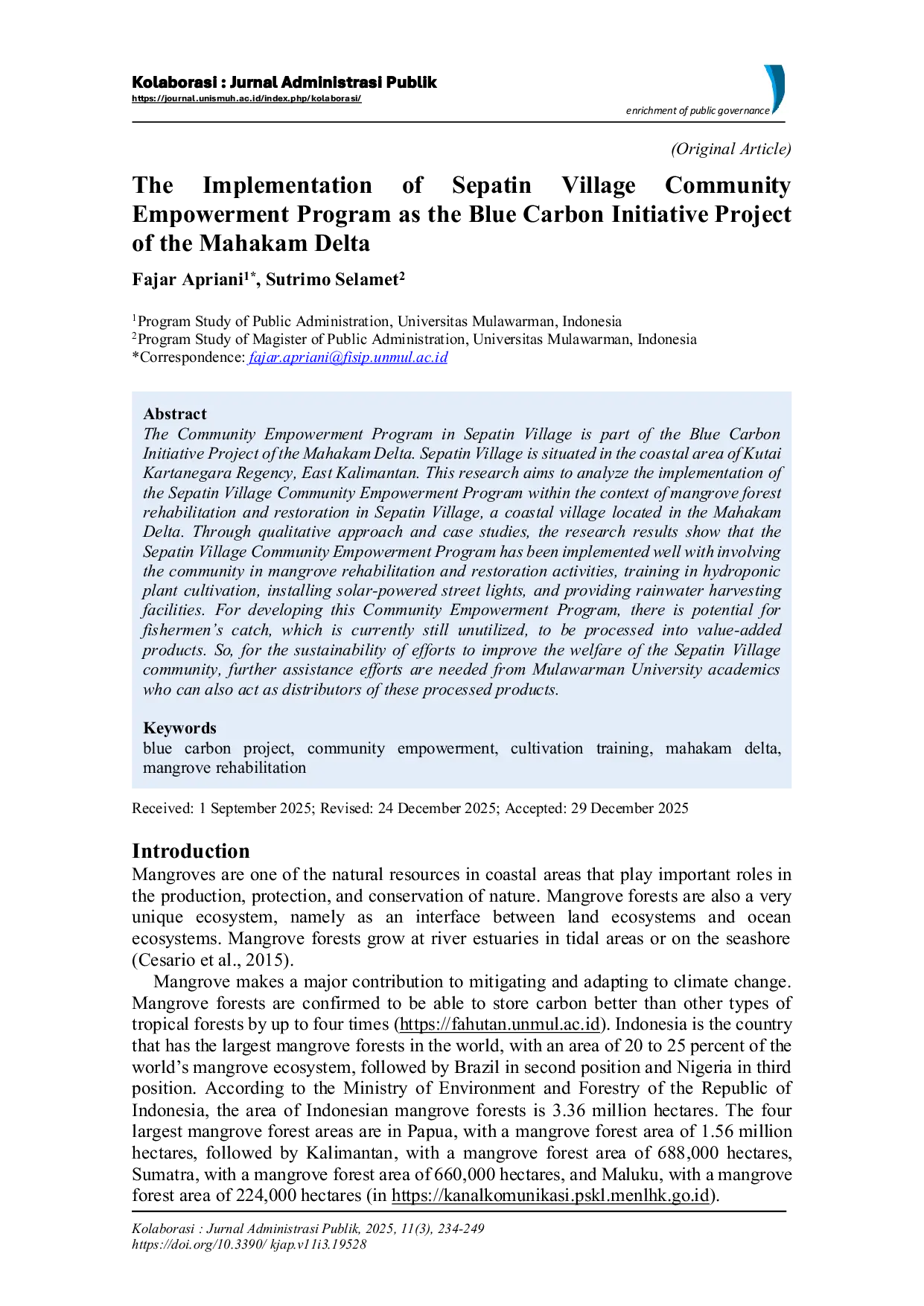 JURIS The Implementation of Sepatin Village Community Empowerment Program as the Blue Carbon Initiative Project of the Mahakam Delta