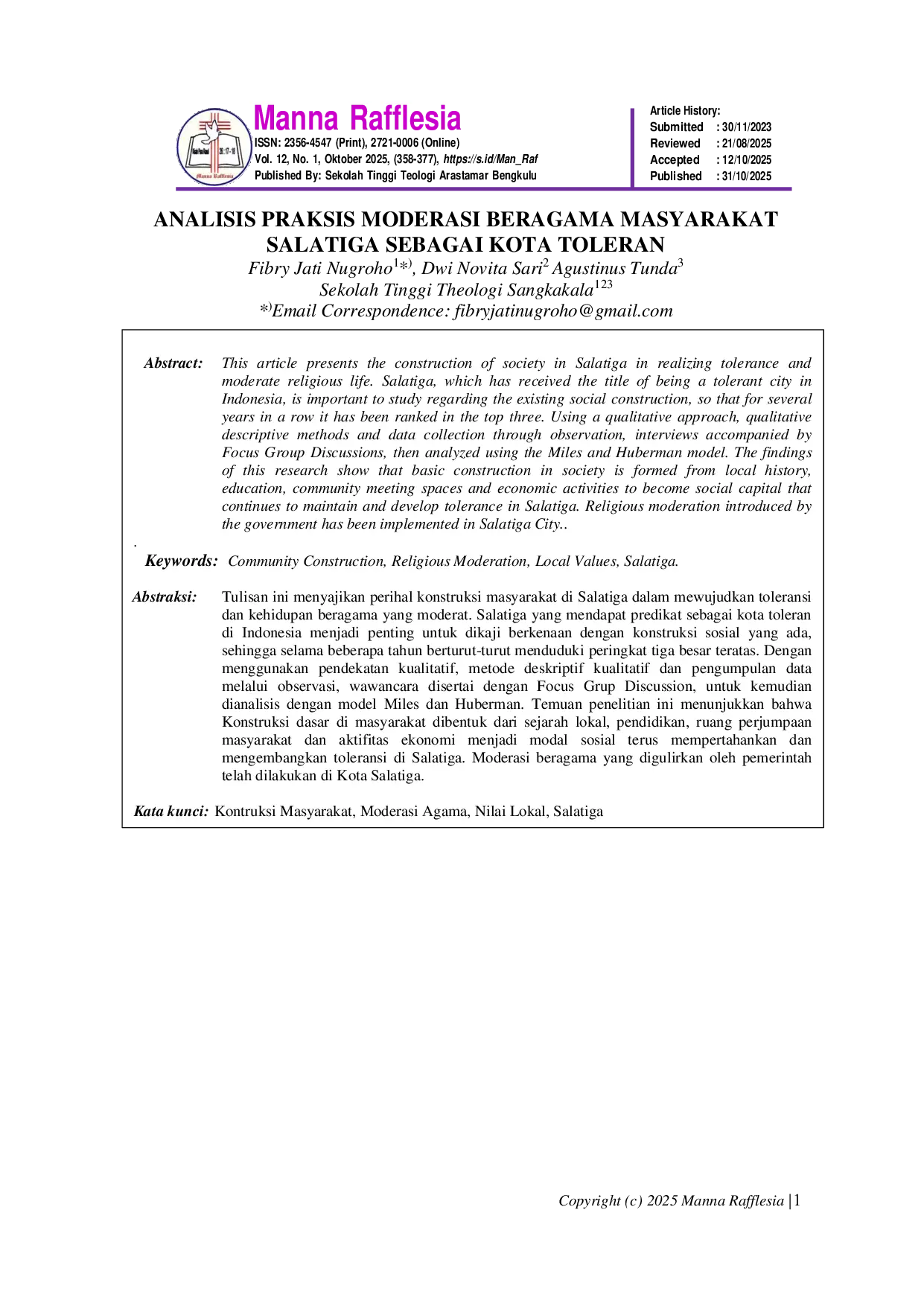 JURIS Analisis Praksis Moderasi Beragama Masyarakat Salatiga Sebagai Kota Toleran