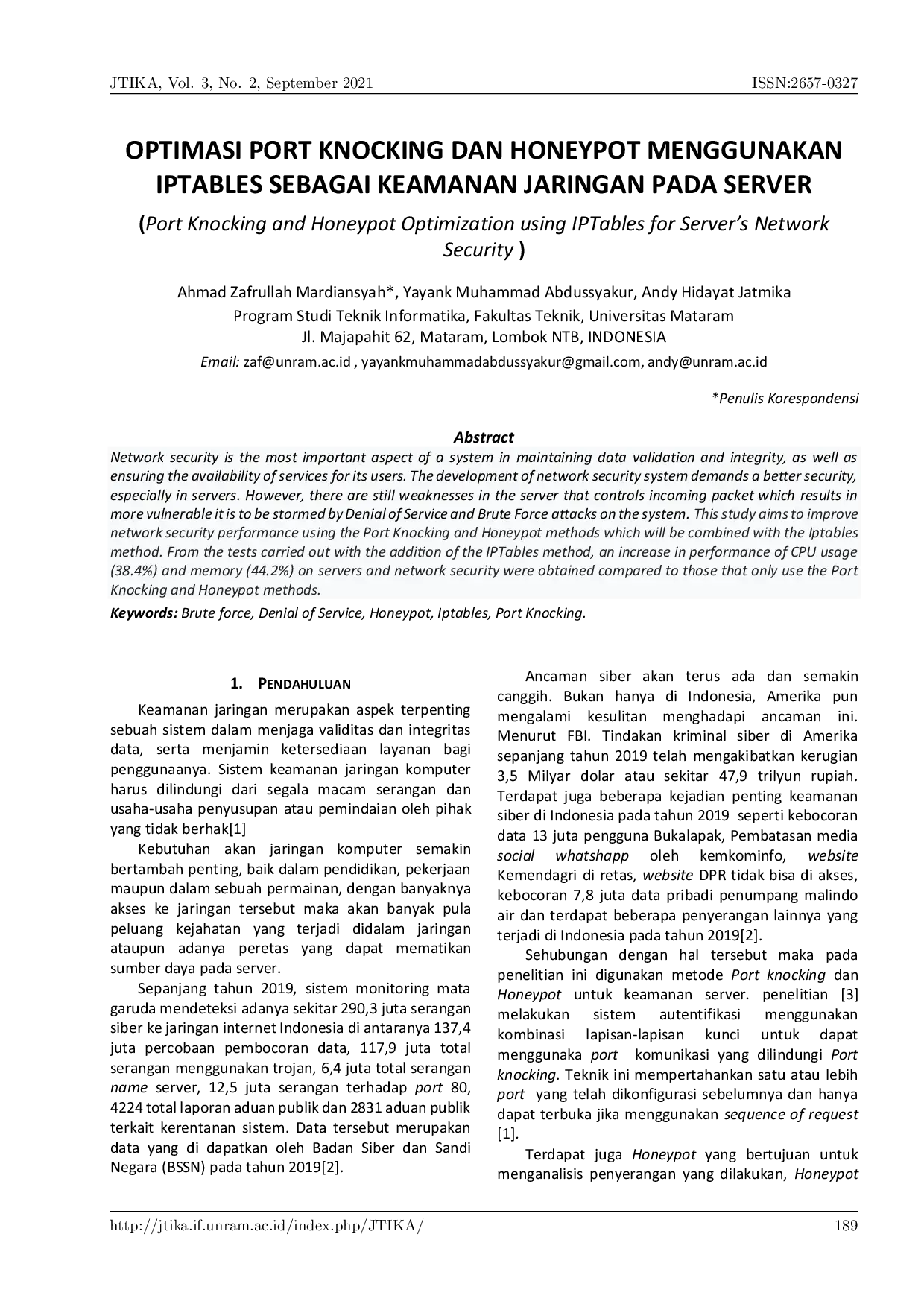 JURIS Optimasi Port Knocking dan Honeypot Menggunakan IPTables Sebagai Keamanan Jaringan pada Server