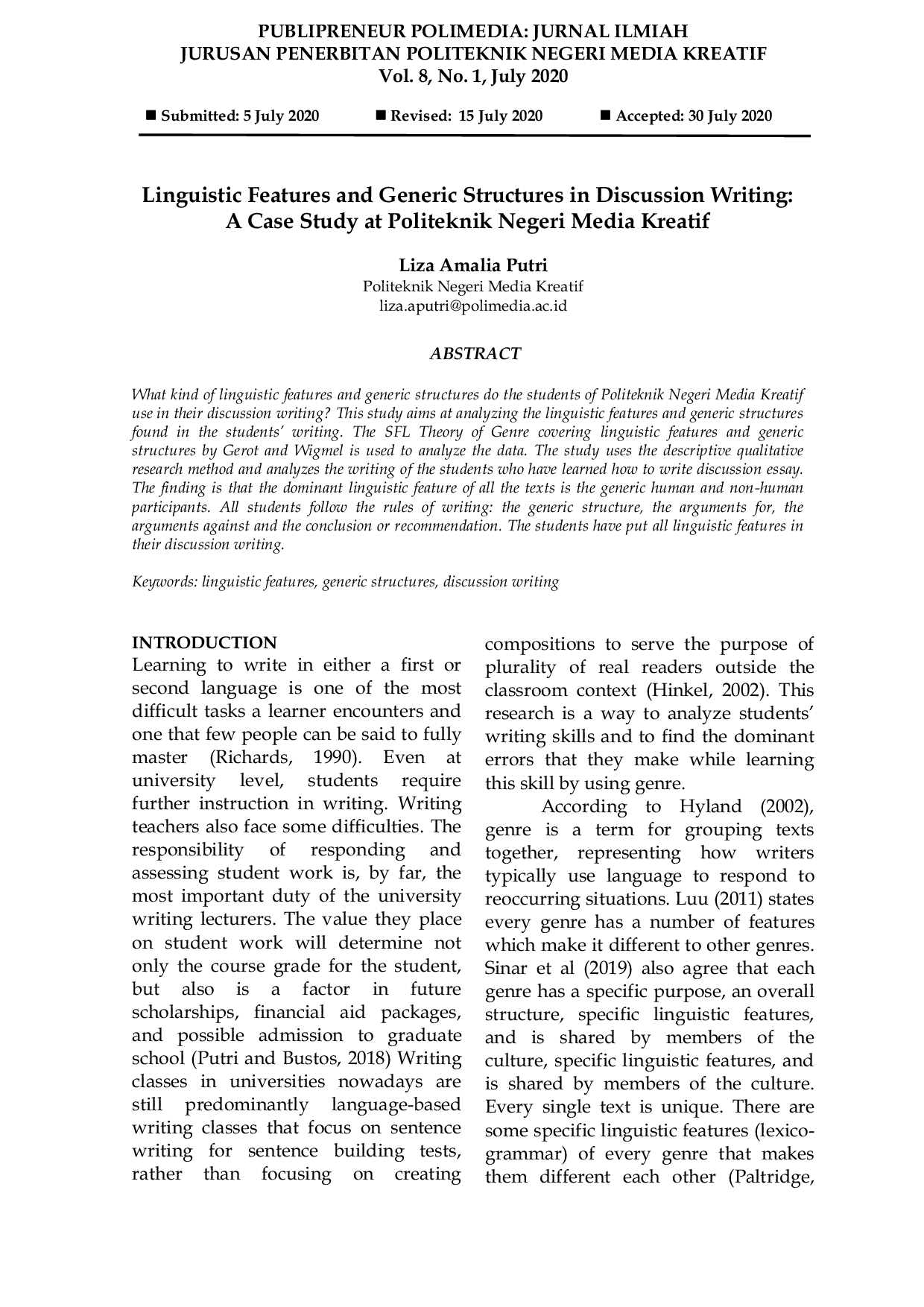 JURIS Linguistic Features and Generic Structures in Discussion Writing A Case Study at Politeknik Negeri Media Kreatif