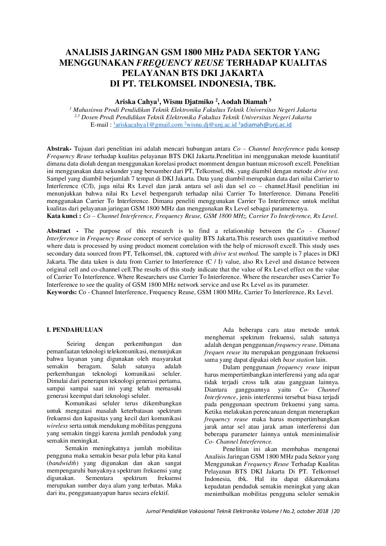 JURIS Analisis Jaringan GSM 1800 MHz Pada Sektor Yang Menggunakan Frequency Reuse Terhadap Kualitas Pelayanan BTS DKI Jakarta Di PT Telkomsel Indonesia Tbk