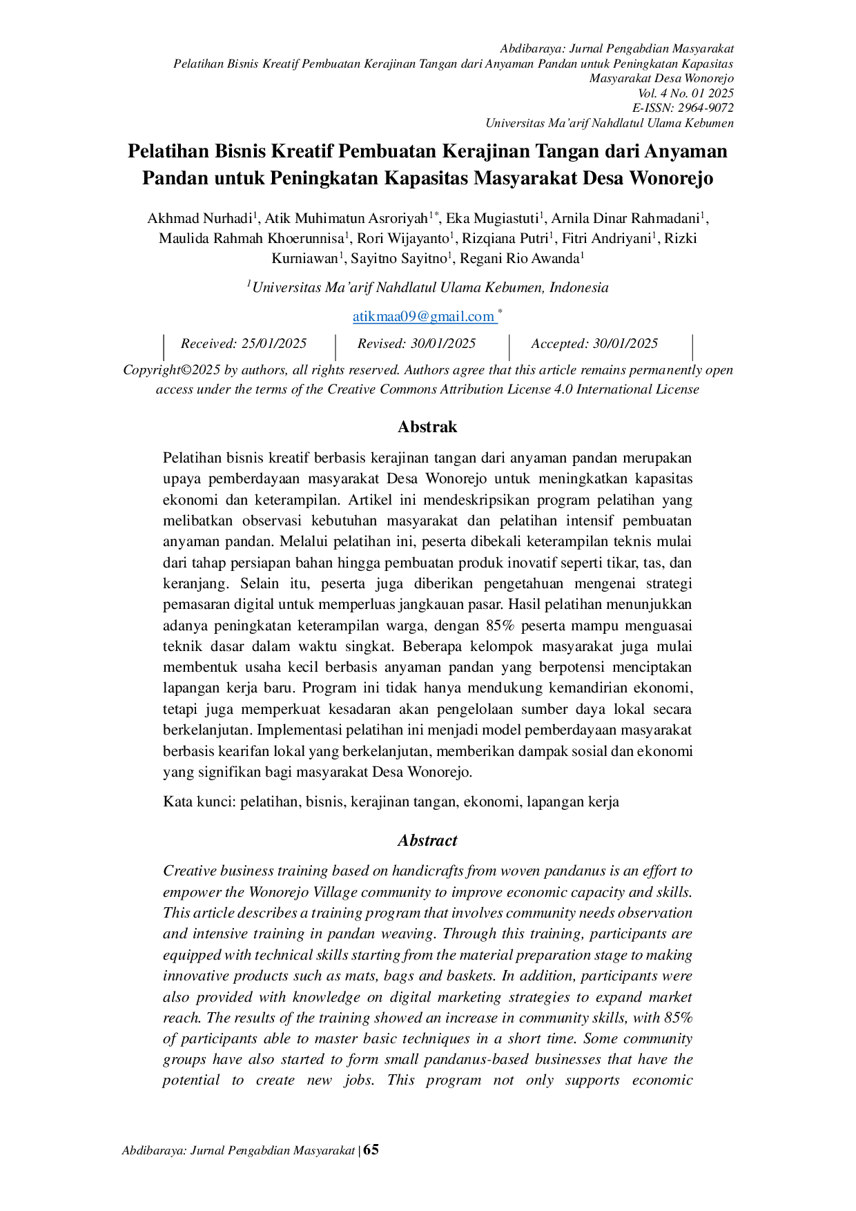 JURIS Pelatihan Bisnis Kreatif Pembuatan Kerajinan Tangan dari Anyaman Pandan untuk Peningkatan Kapasitas Masyarakat Desa Wonorejo