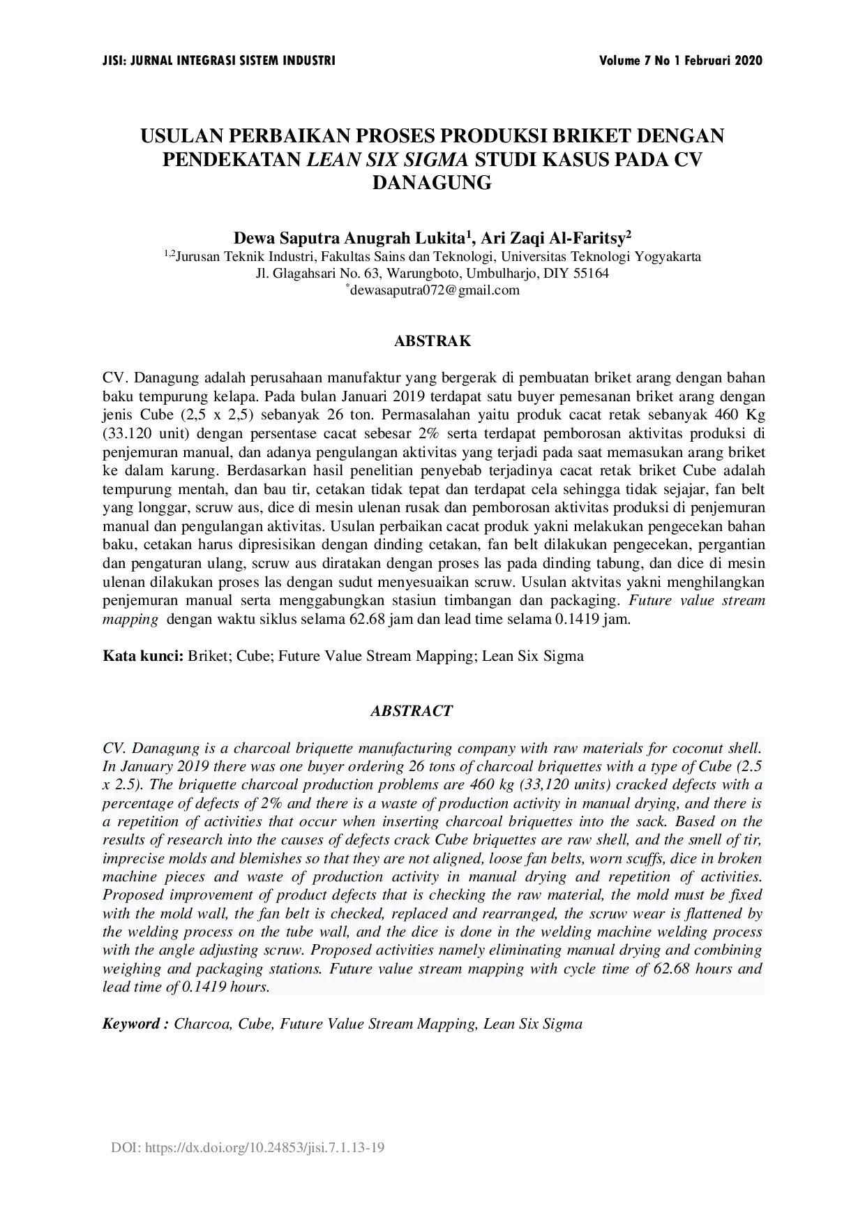 JURIS Usulan Perbaikan Proses Produksi Briket Dengan Pendekatan Lean Six Sigma Studi Kasus Pada CV Danagung