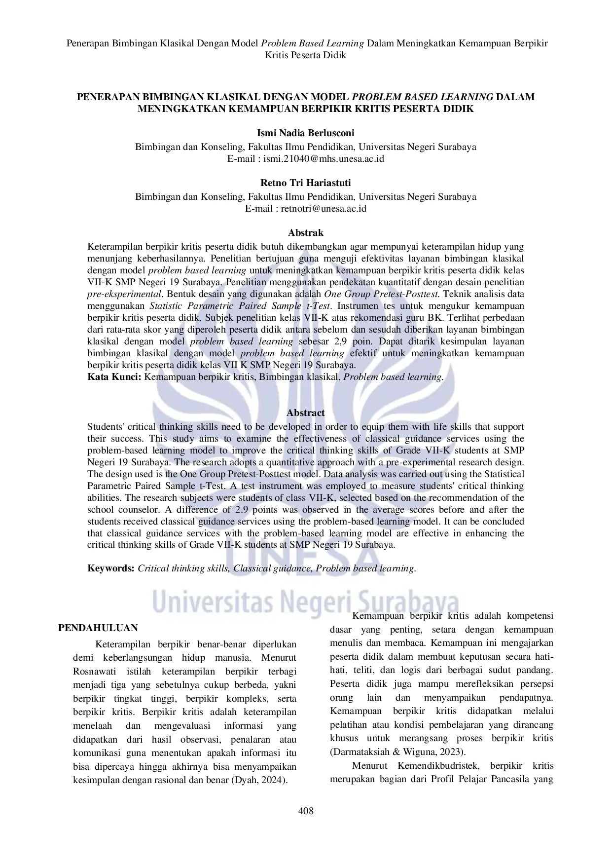 JURIS Penerapan Bimbingan Klasikal Dengan Model Problem Based Learning Dalam Meningkatkan Kemampuan Berpikir Kritis Peserta Didik