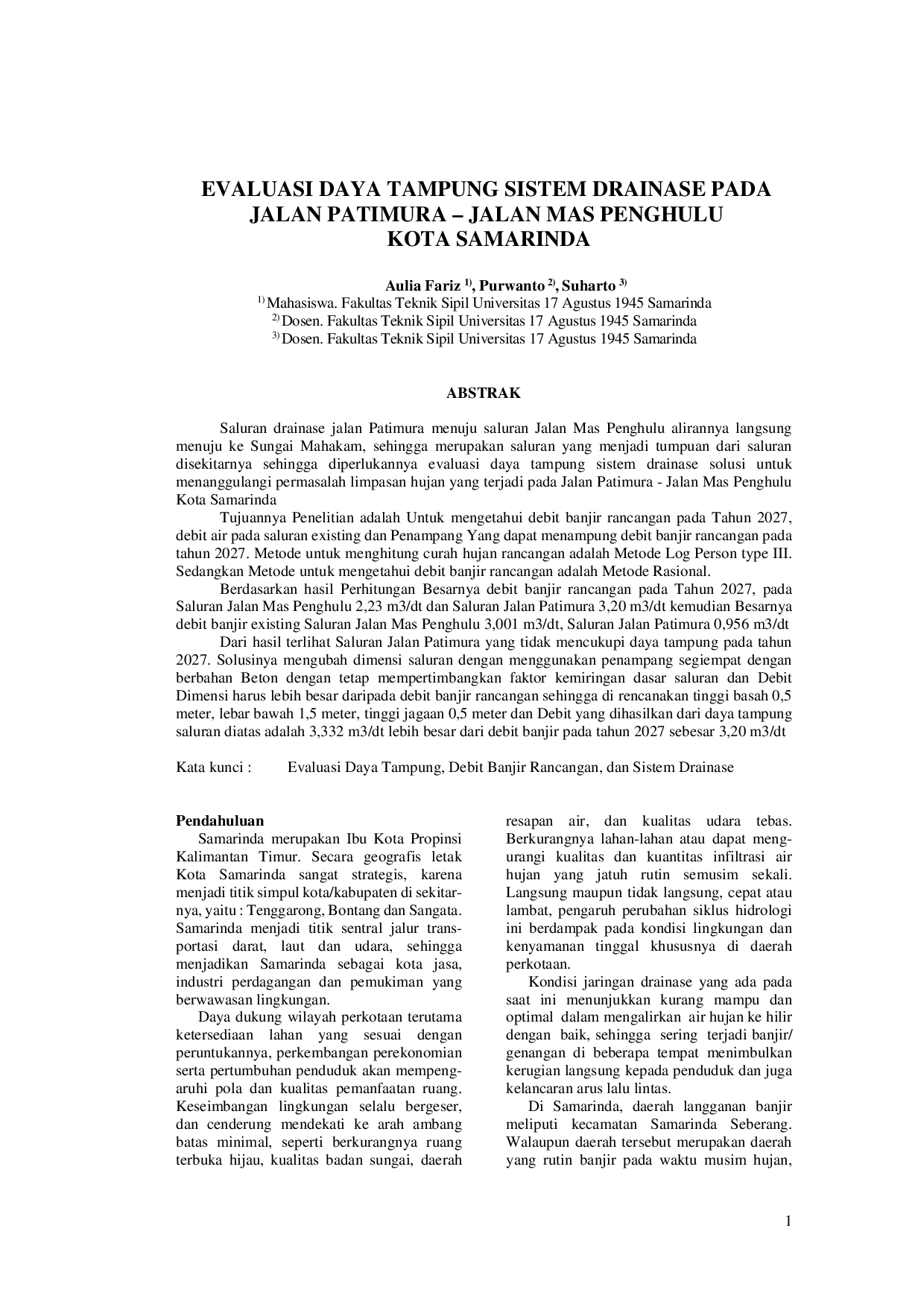 JURIS Evaluasi Daya Tampung Sistem Drainase Pada Jalan Patimura Jalan Mas Penghulu Kota Samarinda