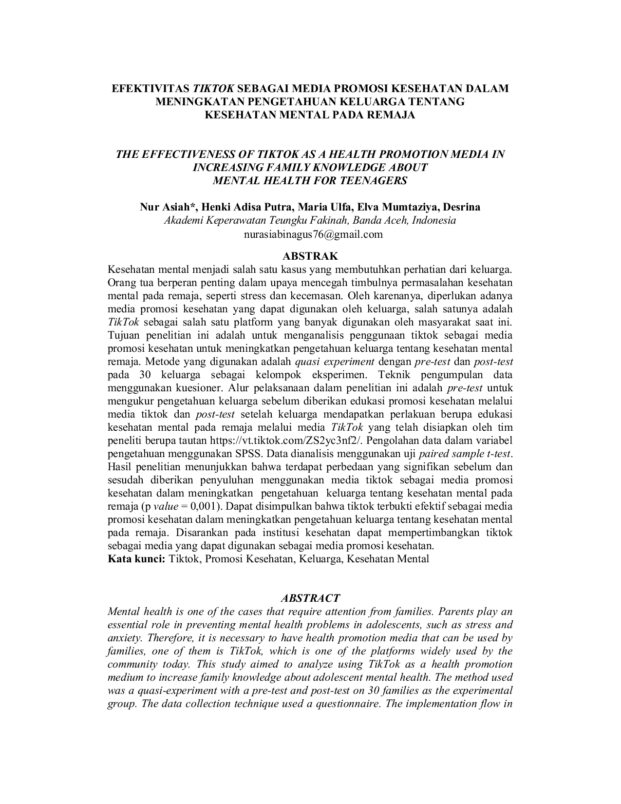JURIS Efektivitas TikTok Sebagai Media Promosi Kesehatan Dalam Meningkatkan Pengetahuan Keluarga Tentang Kesehatan Mental Pada Remaja
