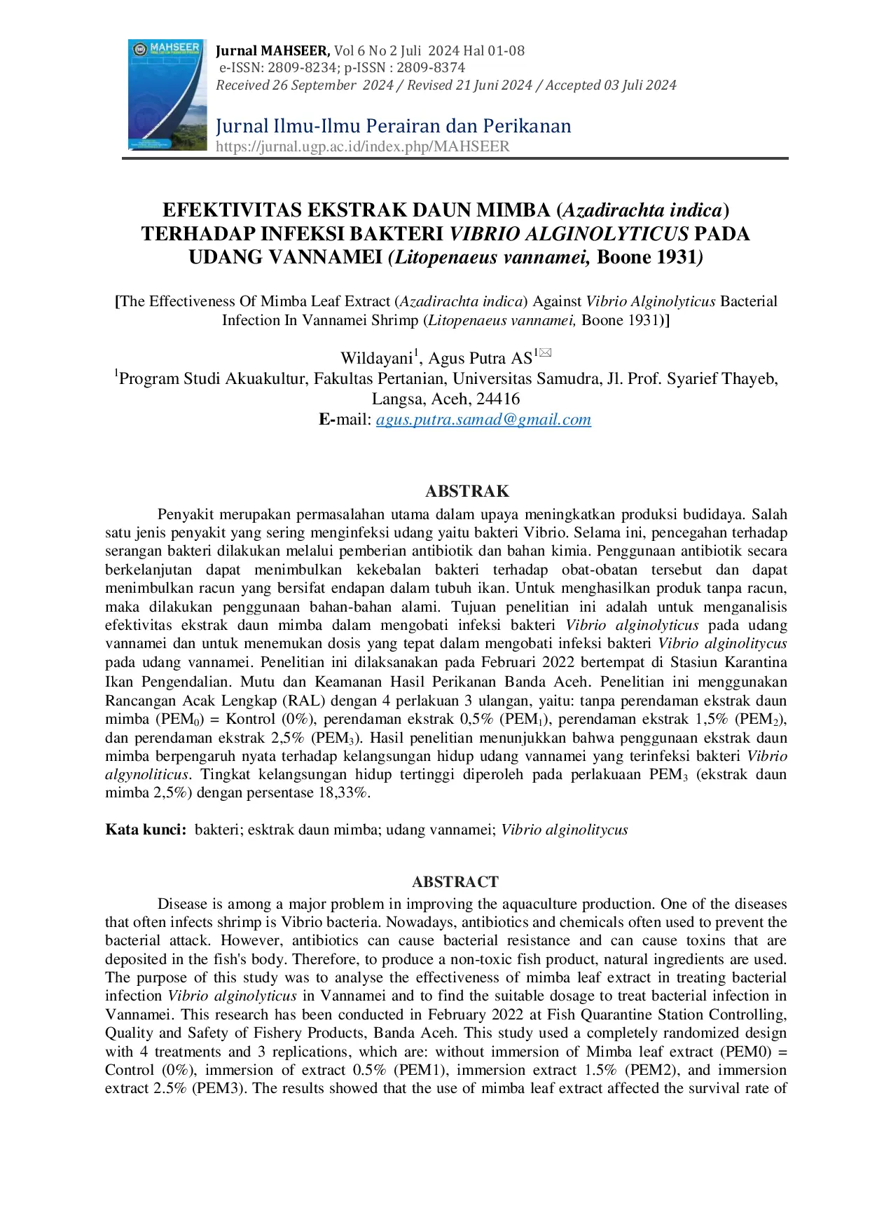 JURIS Efektivitas Ekstrak Daun Mimba Azadirachta Indica Terhadap Infeksi Bakteri Vibrio Alginolyticus Pada Udang Vannamei Litopenaeus Vannamei Boone 1931