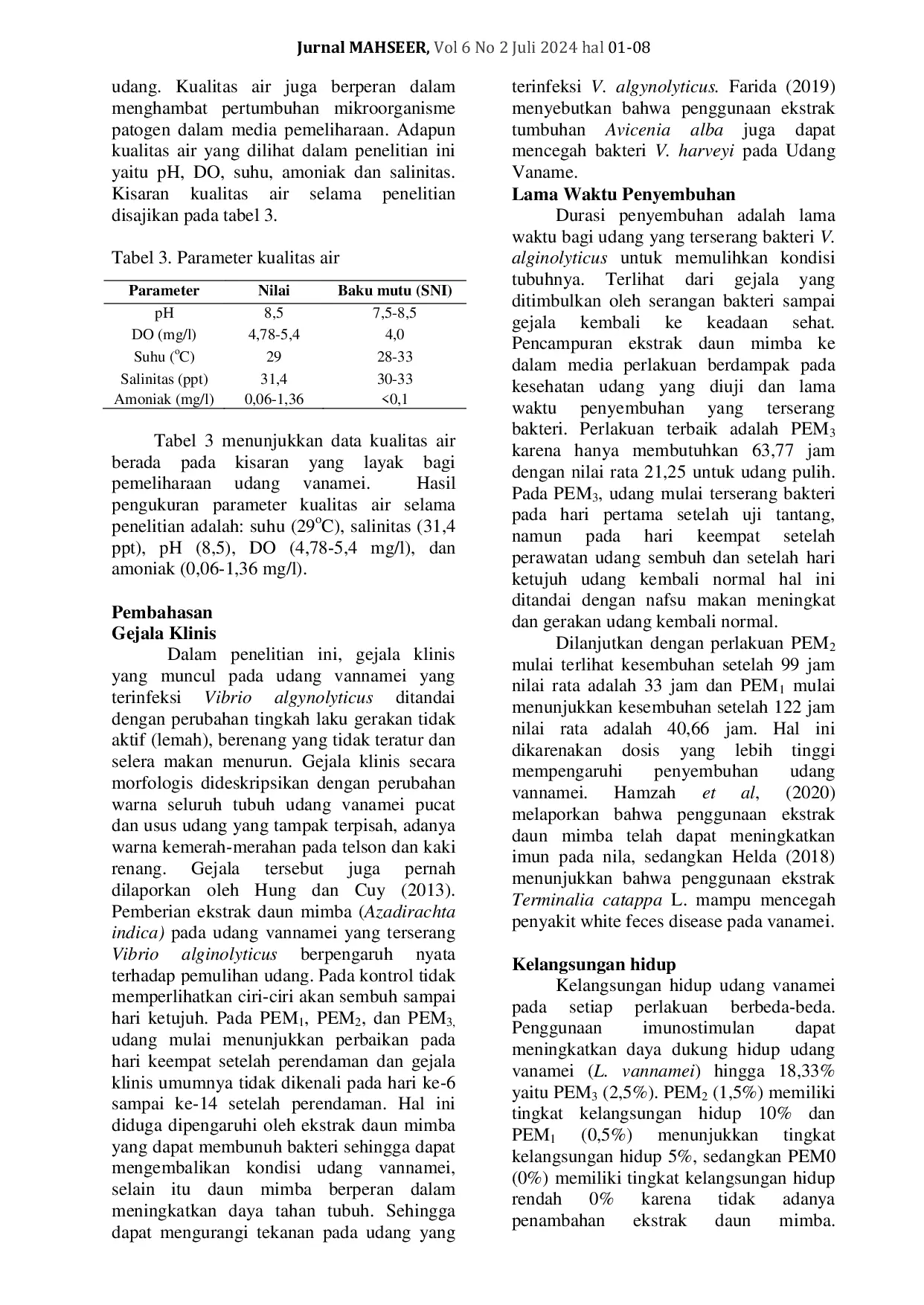 JURIS Efektivitas Ekstrak Daun Mimba Azadirachta Indica Terhadap Infeksi Bakteri Vibrio Alginolyticus Pada Udang Vannamei Litopenaeus Vannamei Boone 1931