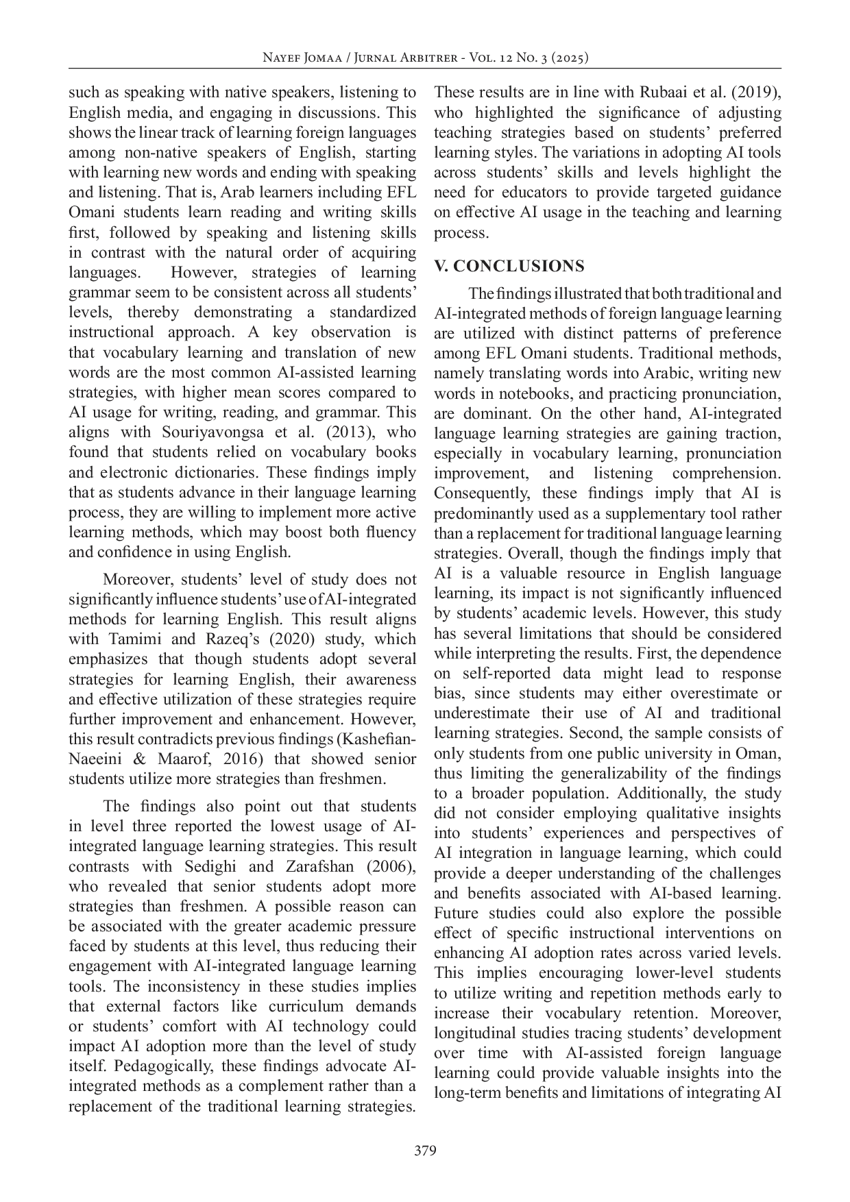JURIS Traditional Strategies and AI Integrated Strategies in Learning English among EFL Omani Students