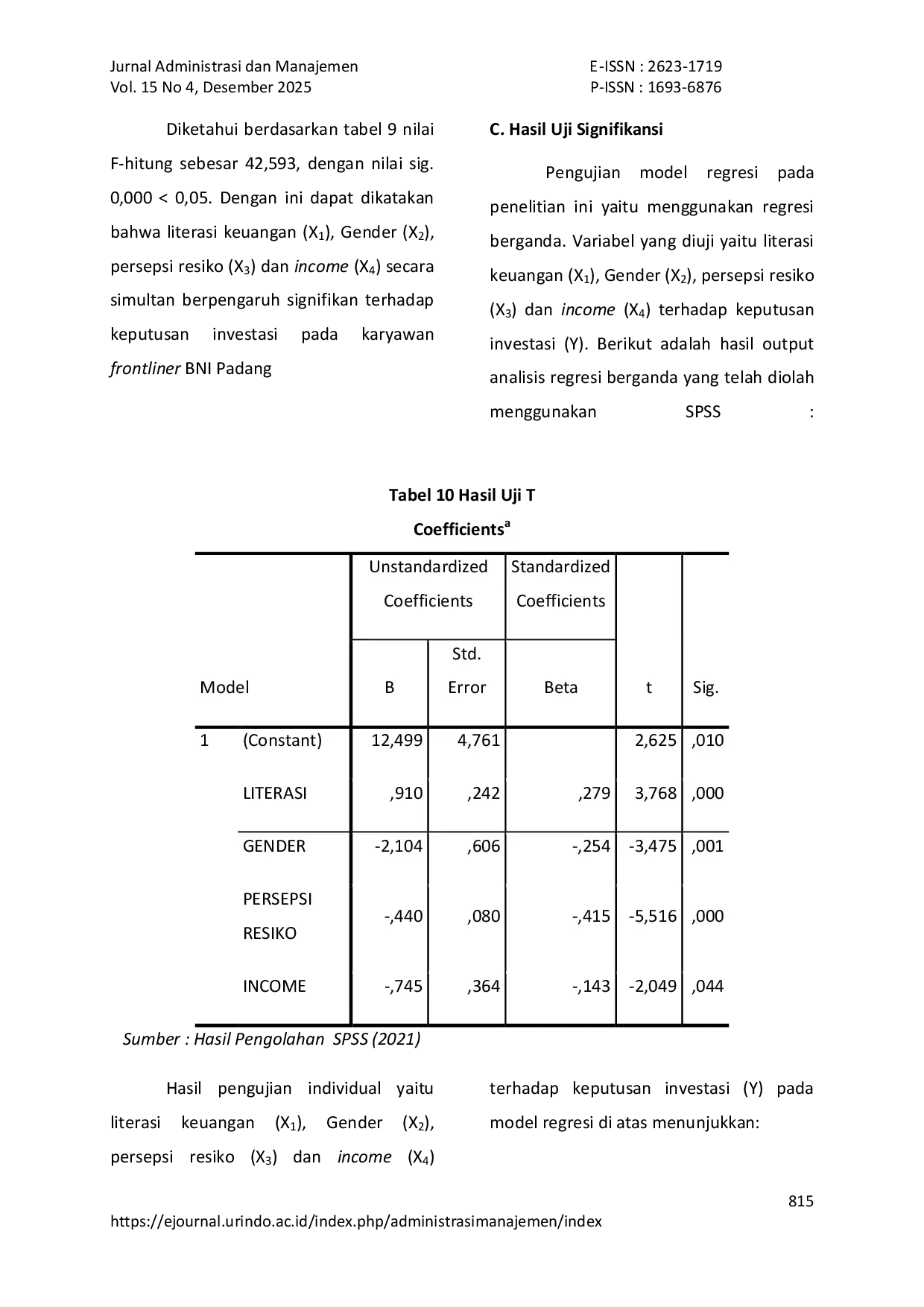 JURIS Pengaruh Financial Literacy Gender Income Dan Risk Perception Terhadap Investment Decision Behavior Pada Karyawan Frontliner Bni Padang