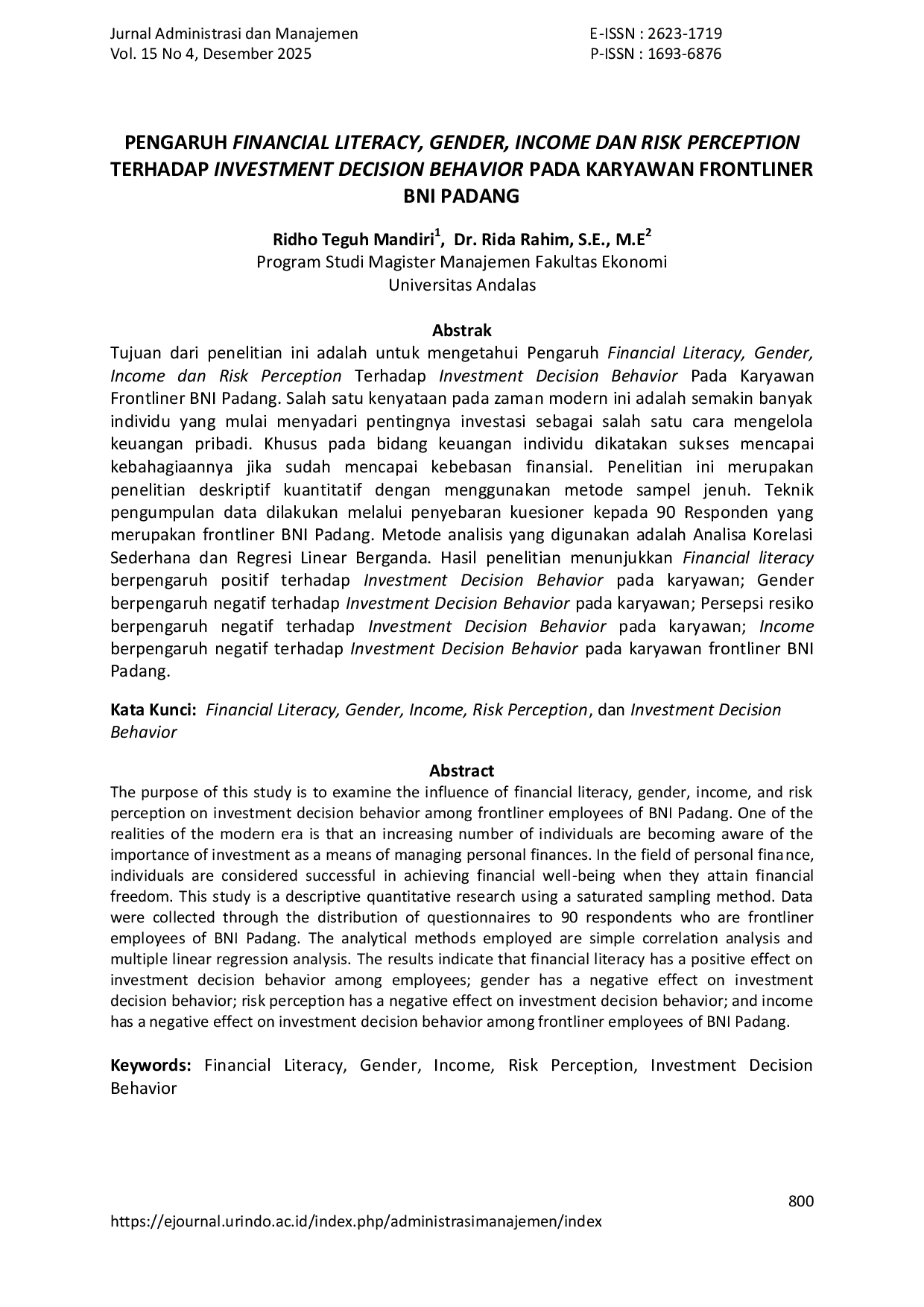 JURIS Pengaruh Financial Literacy Gender Income Dan Risk Perception Terhadap Investment Decision Behavior Pada Karyawan Frontliner Bni Padang