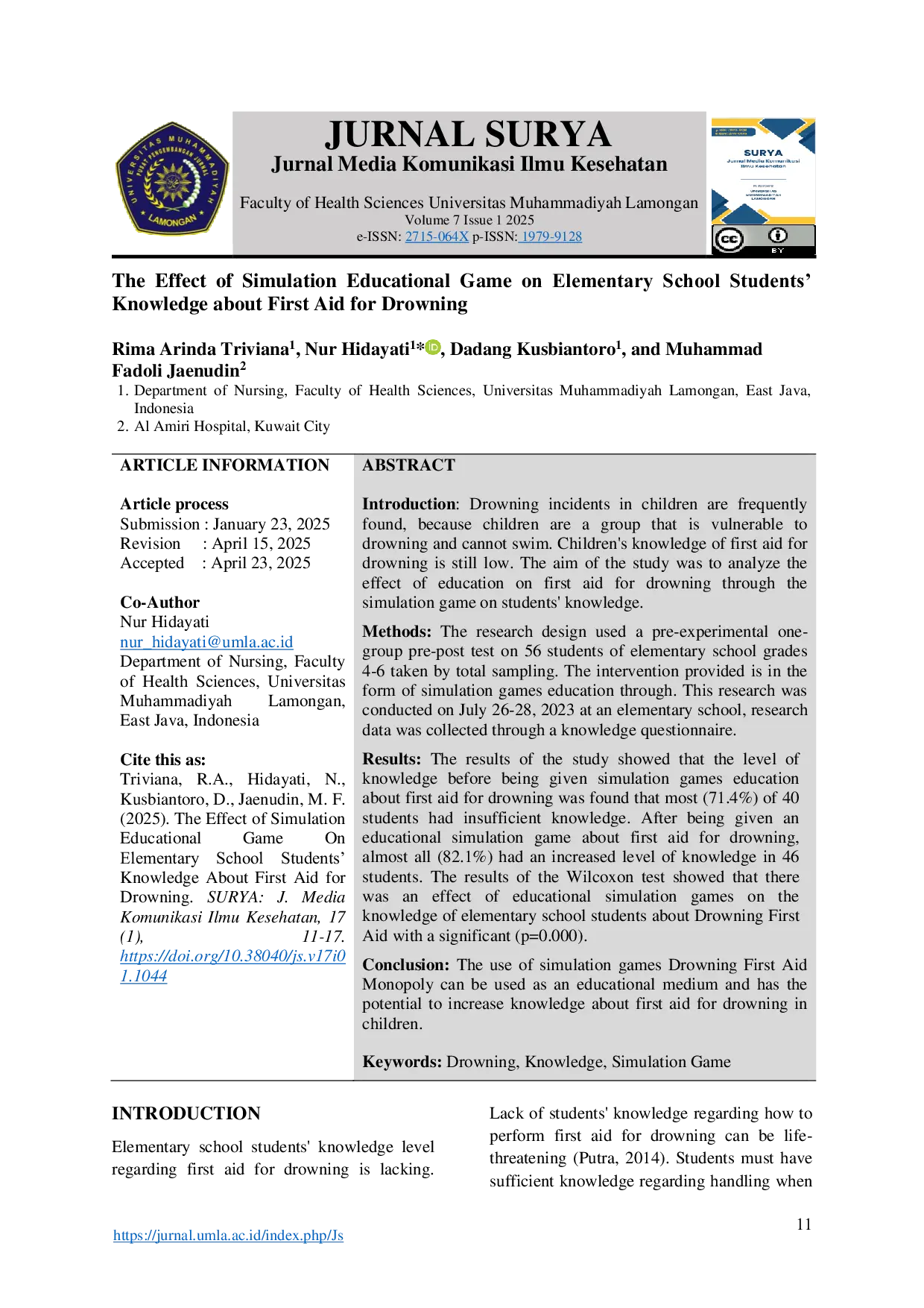 JURIS The Effect Of Simulation Educational Game On Elementary School Students Knowledge About First Aid For Drowning