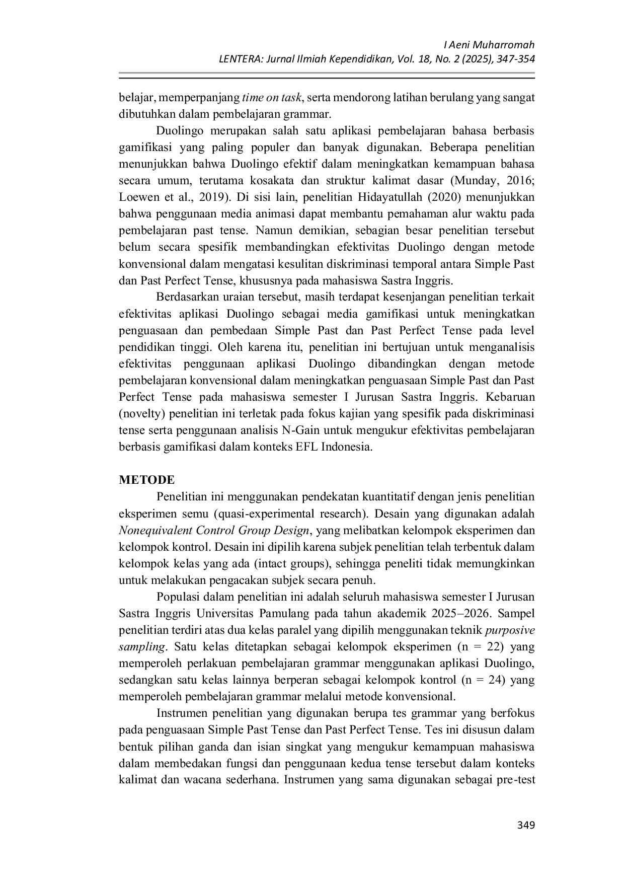 JURIS Efektivitas Gamification Aplikasi Duolingo dalam Meningkatkan Penguasaan Simple Past dan Past Perfect Tense Studi Komparatif